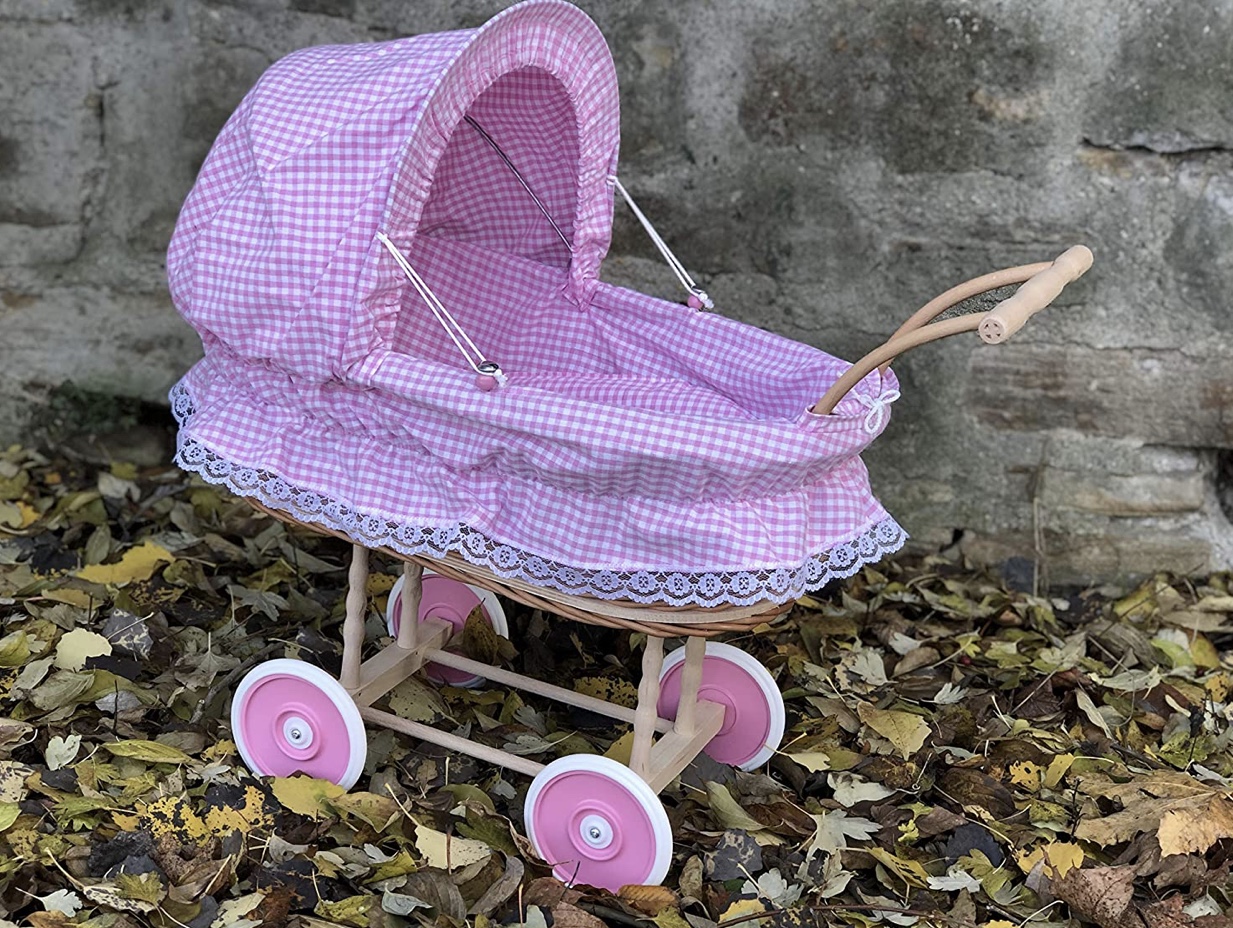 Bukora® Puppenwagen aus Weide fein Rosa kariert und Holzgriff...extra stabil... – Bild 2