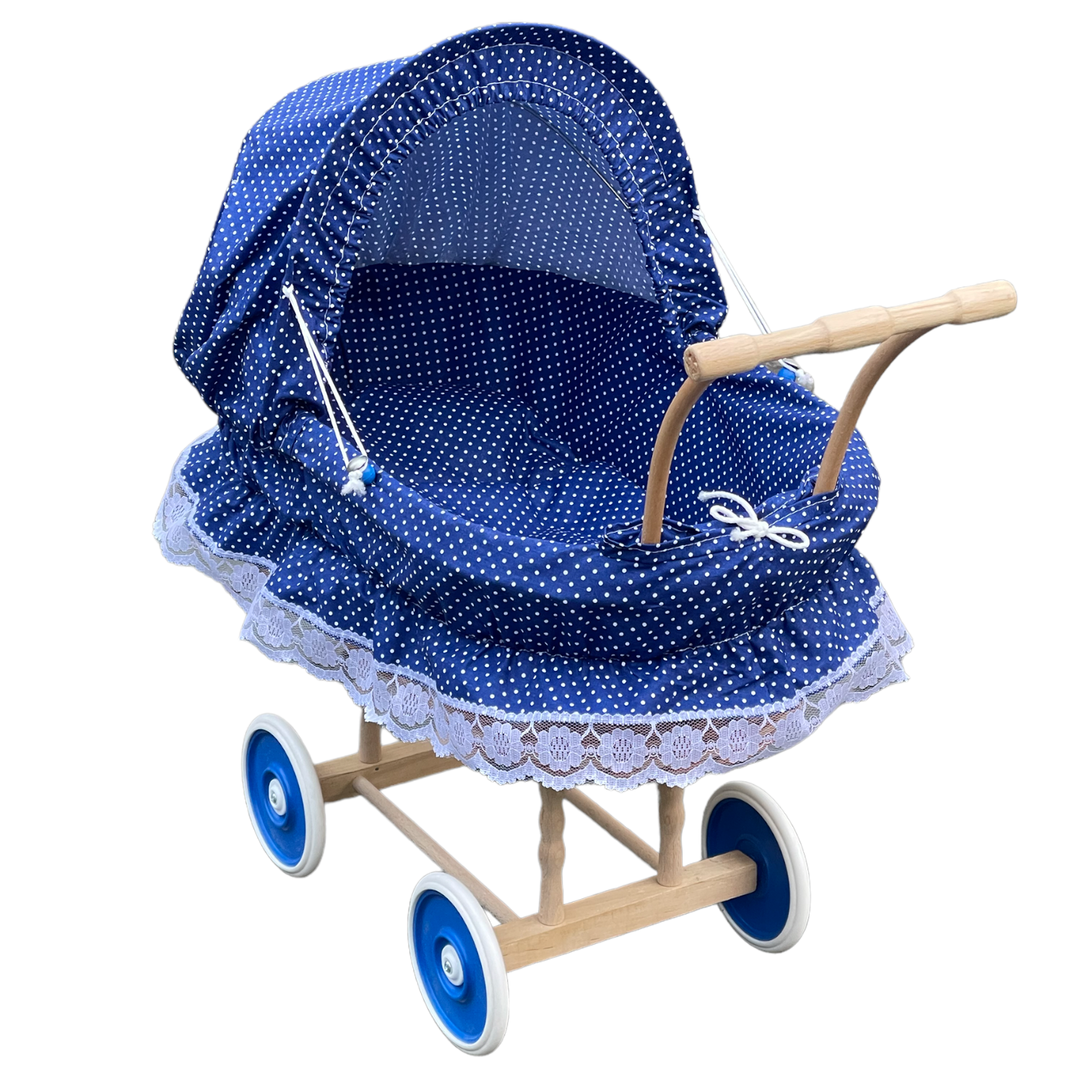 Bukora ® Puppenwagen aus Weide mit Blau mit Punkten und Holzgriff...extra stabil... – Bild 3