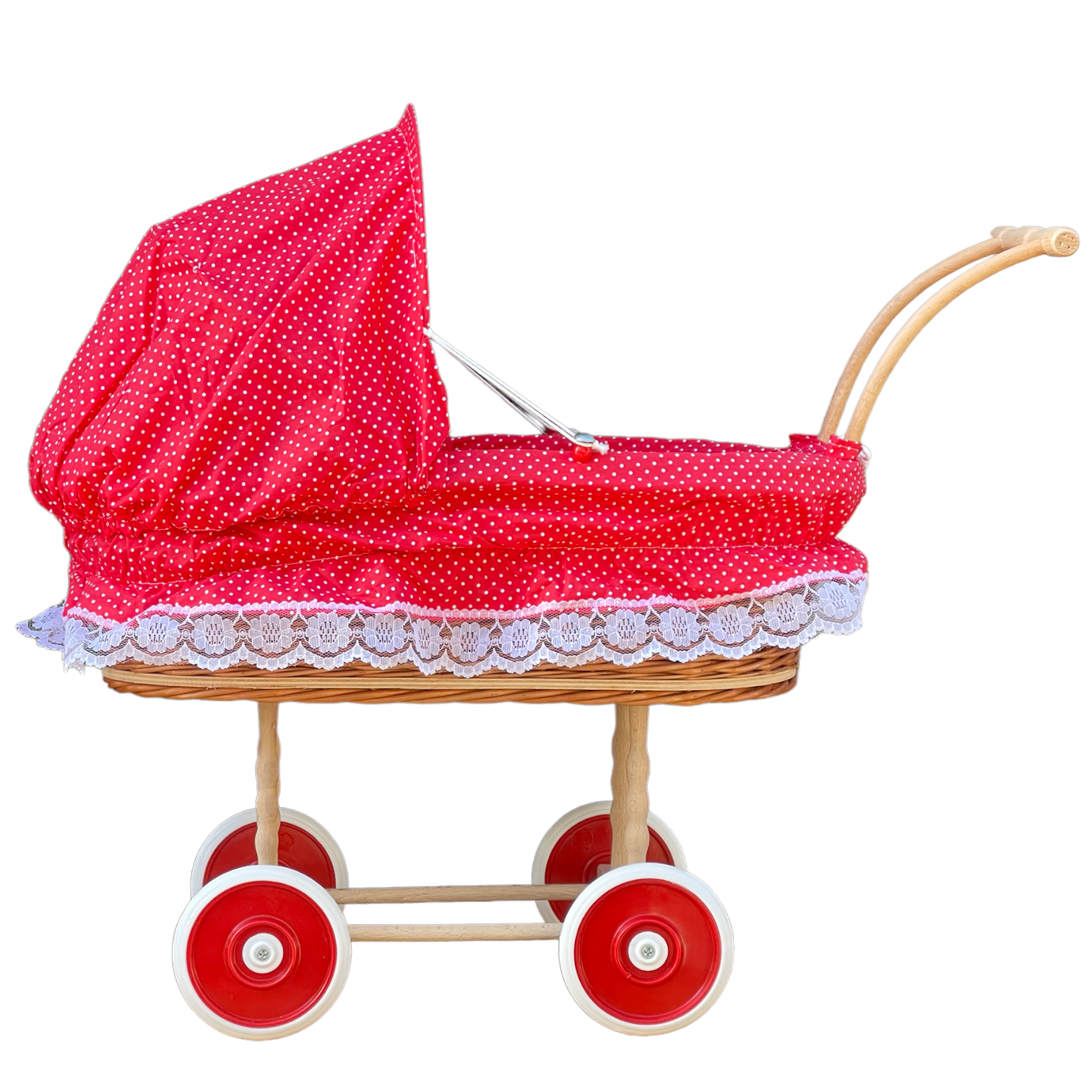 Bukora® Puppenwagen aus Weide mit Rot mit Punkten und Holzgriff...extra stabil... – Bild 3