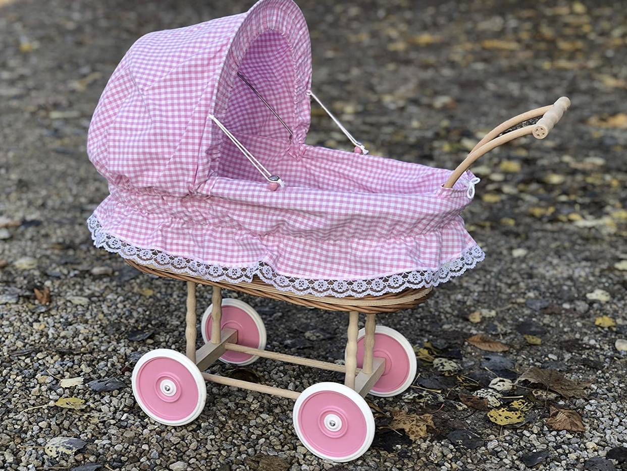 Bukora® Puppenwagen aus Weide fein Rosa kariert und Holzgriff...extra stabil... – Bild 6
