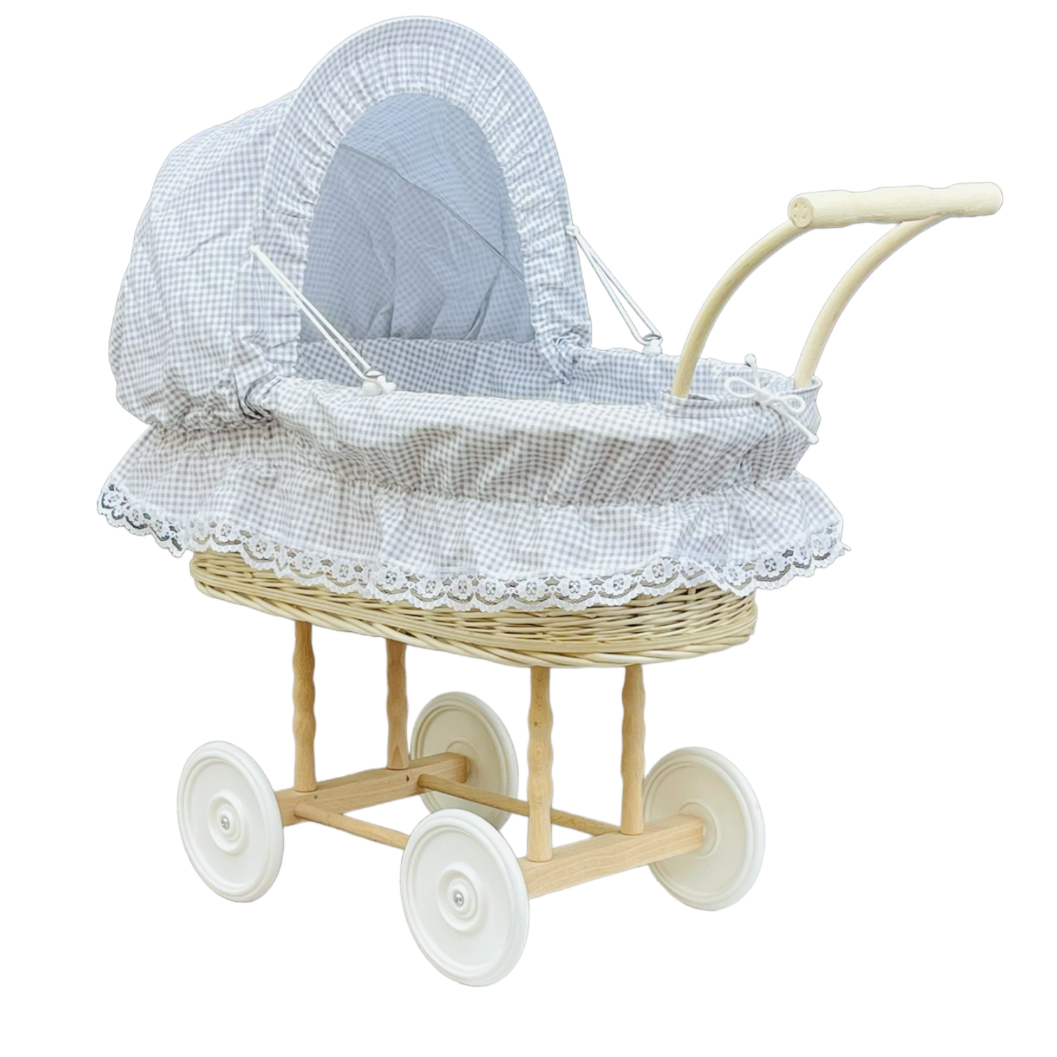 Bukora® Puppenwagen aus heller Weide Olivegrau kariert und Holzgriff...extra stabil...