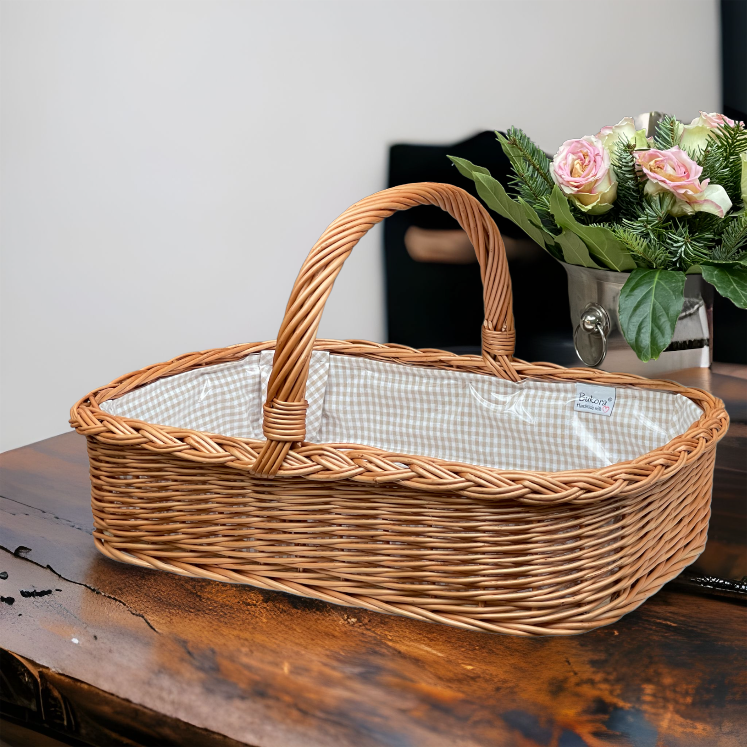 Bukora® Tablett aus Weide mit Futter Olivegrau fein kariert – Bild 8