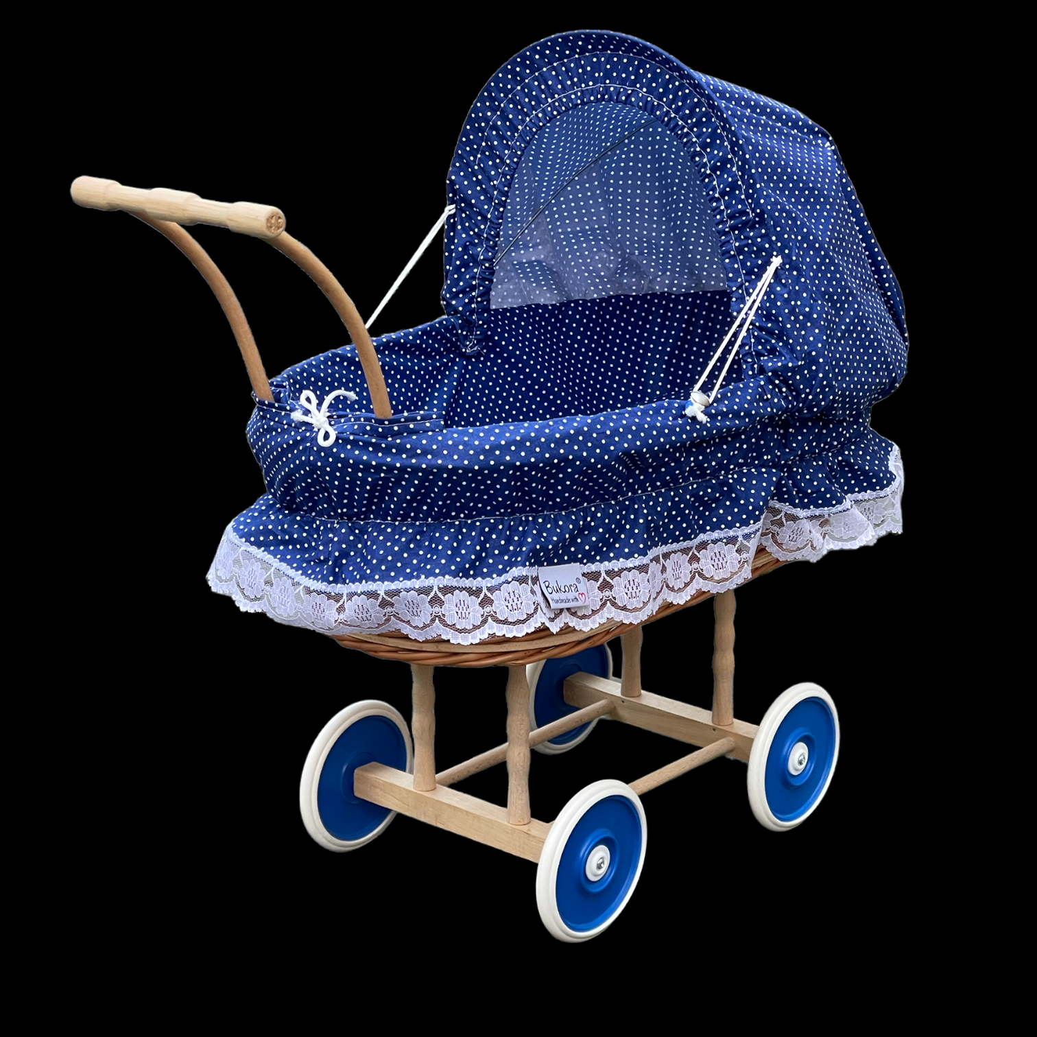 Bukora ® Puppenwagen aus Weide mit Blau mit Punkten und Holzgriff...extra stabil... – Bild 4