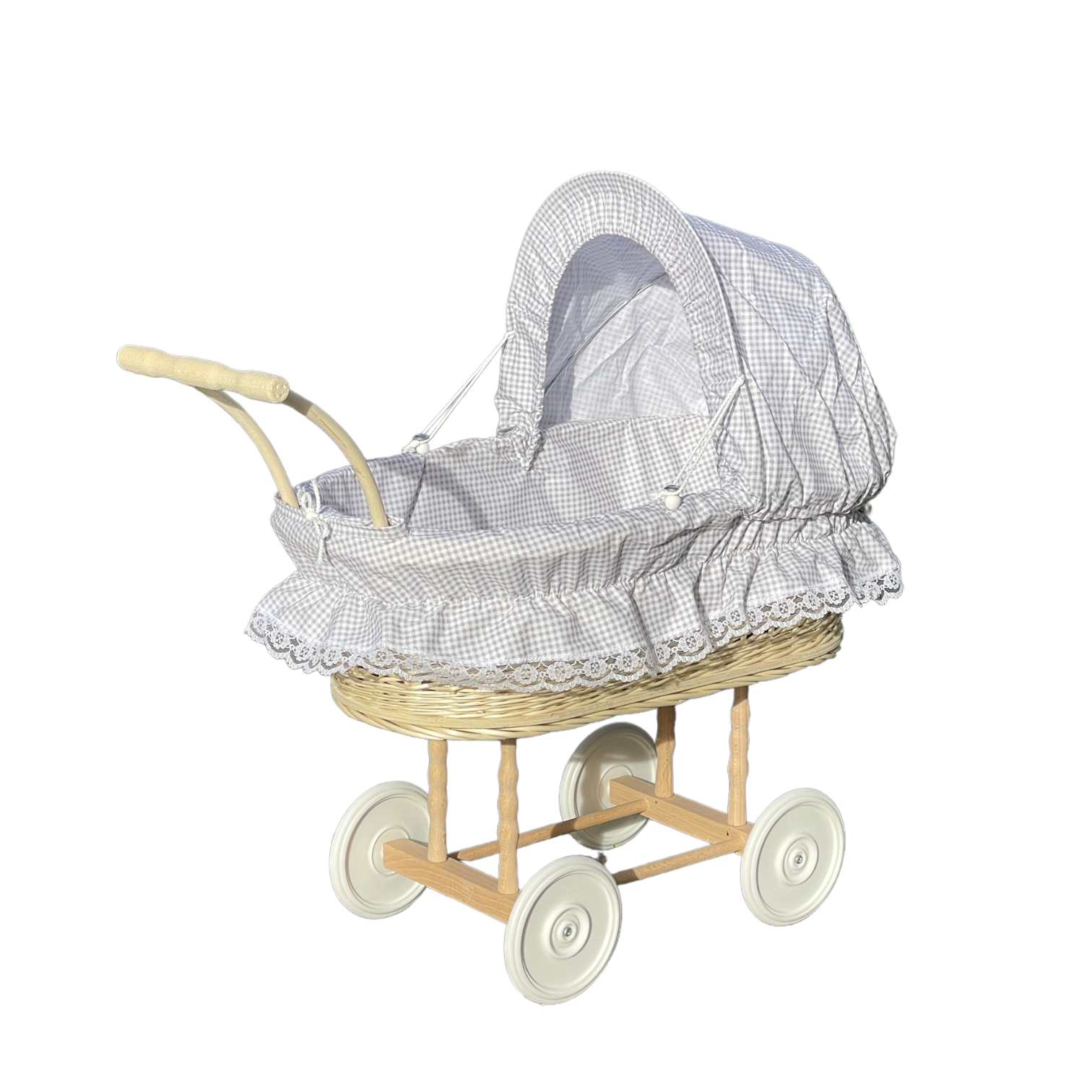 Bukora® Puppenwagen aus heller Weide Olivegrau kariert und Holzgriff...extra stabil... – Bild 3