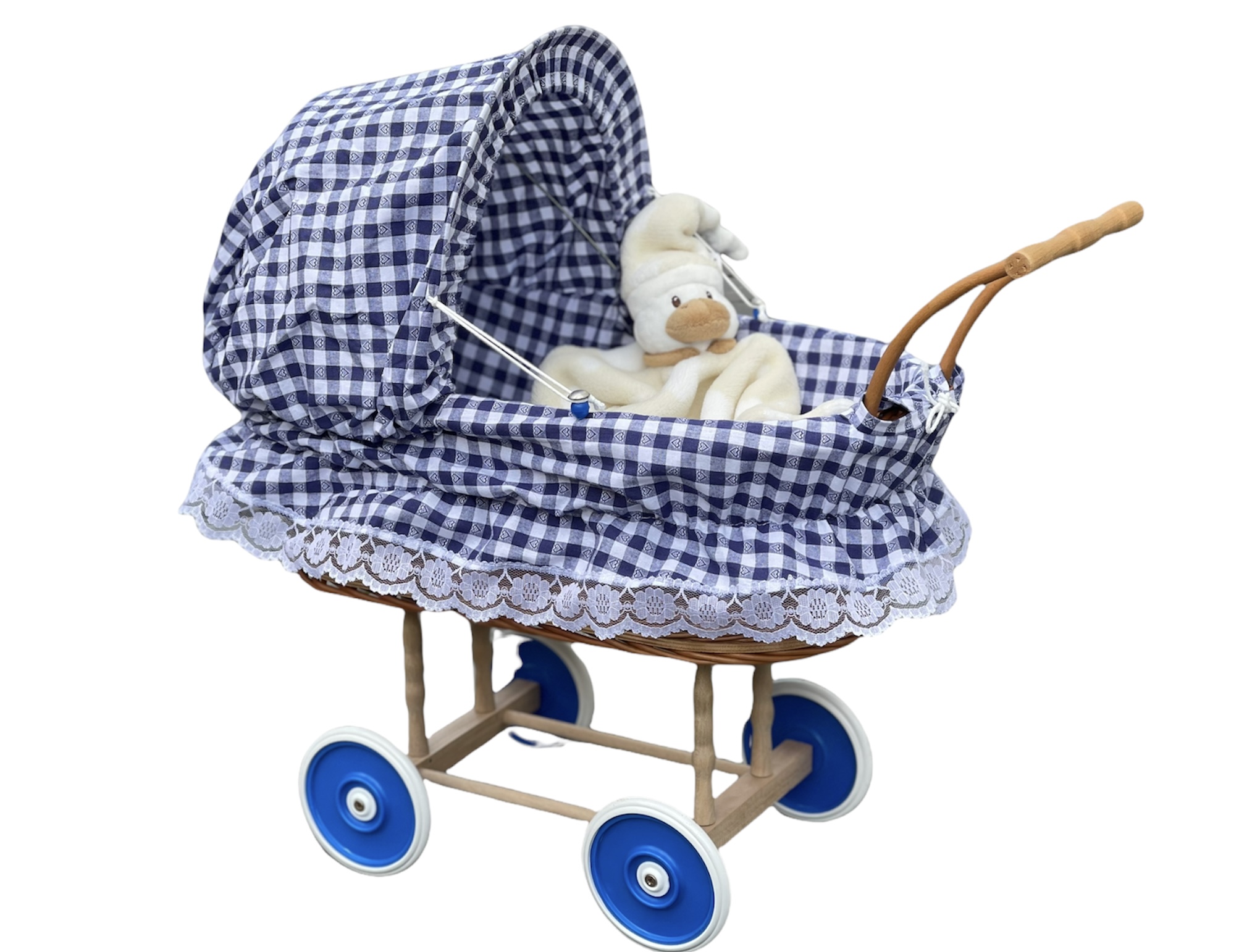 Bukora® Puppenwagen aus Weide geflochten, Stoff Blau kariert mit Herzen...sehr stabil – Bild 2