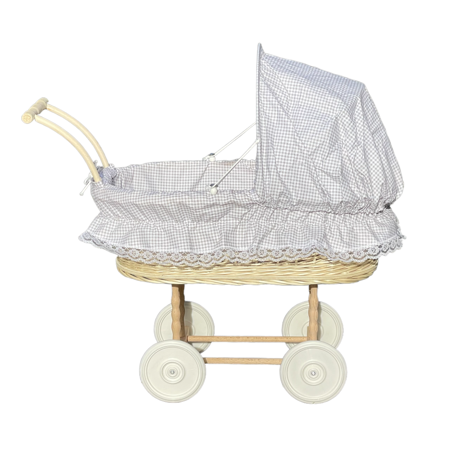 Bukora® Puppenwagen aus heller Weide Olivegrau kariert und Holzgriff...extra stabil... – Bild 6