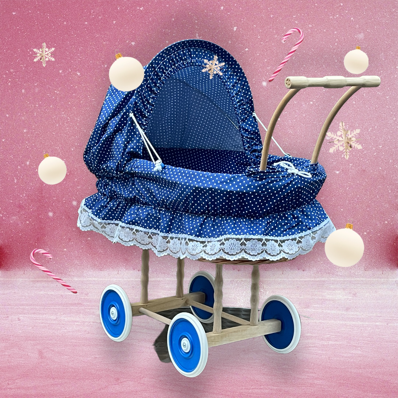 Bukora ® Puppenwagen aus Weide mit Blau mit Punkten und Holzgriff...extra stabil... – Bild 5