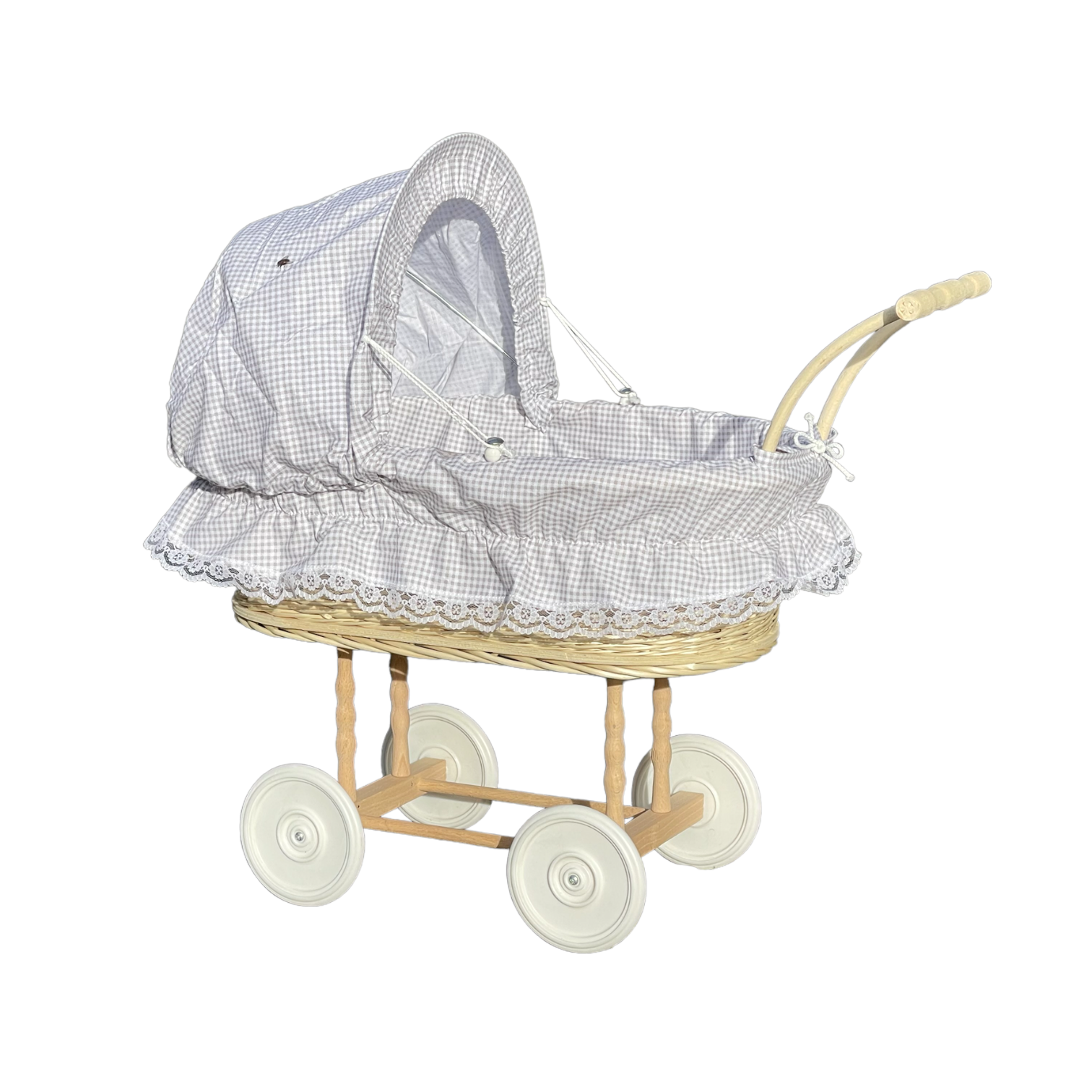 Bukora® Puppenwagen aus heller Weide Olivegrau kariert und Holzgriff...extra stabil... – Bild 10