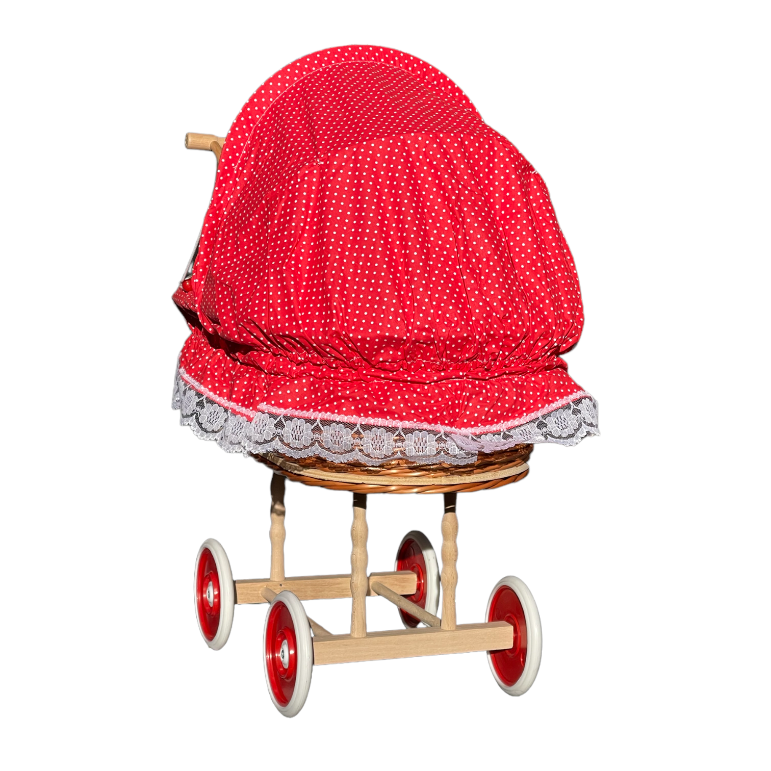 Bukora® Puppenwagen aus Weide mit Rot mit Punkten und Holzgriff...extra stabil... – Bild 5