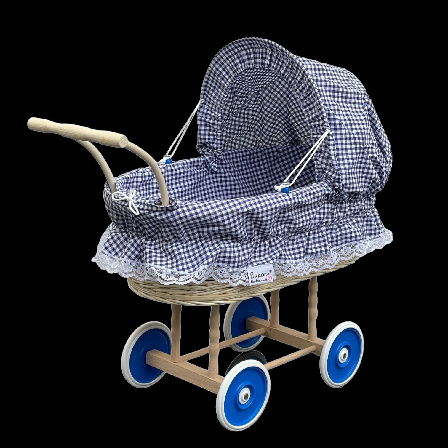 Bukora® Puppenwagen aus heller Weide mit Blau fein kariert mit Holzgriff. – Bild 4