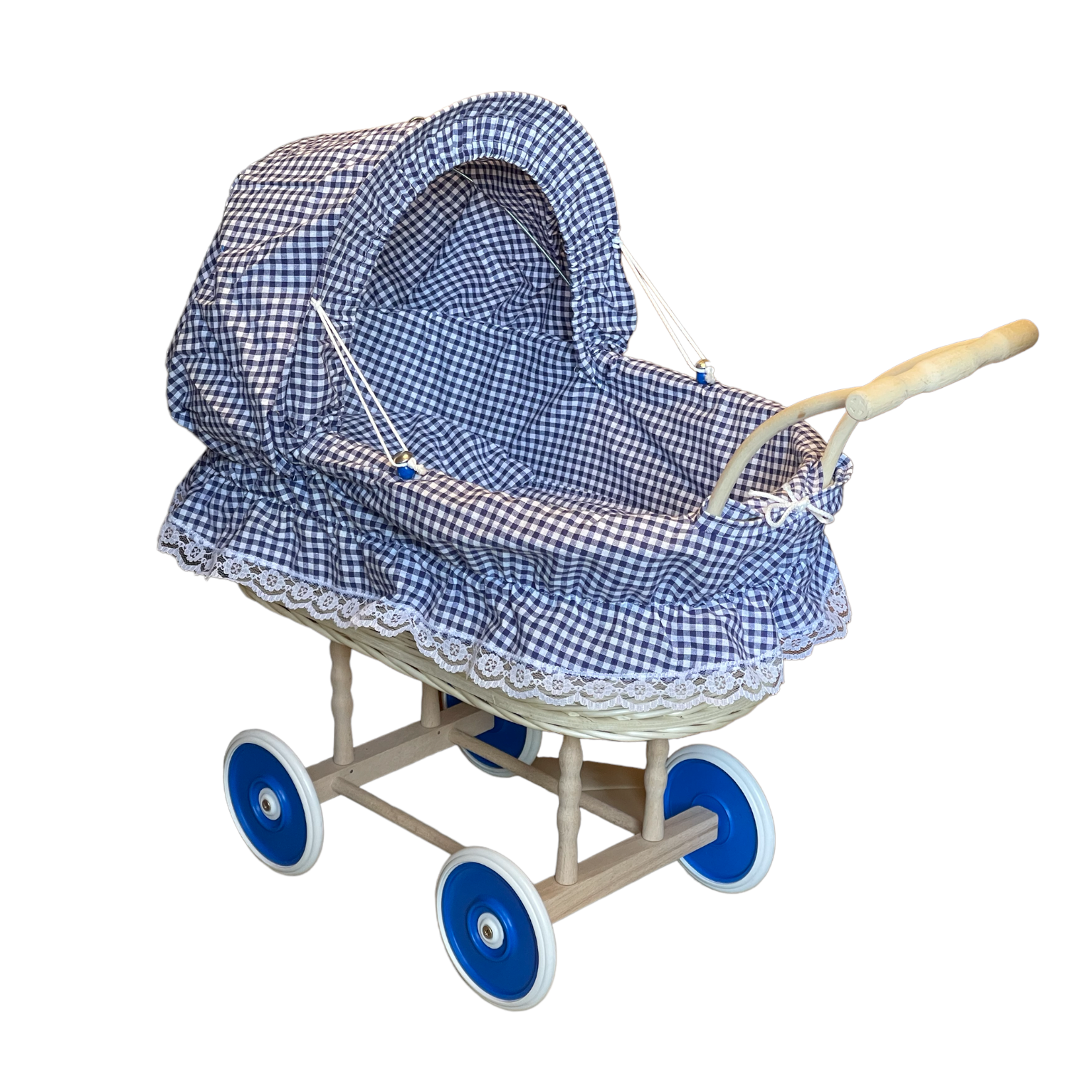 Bukora® Puppenwagen aus heller Weide mit Blau fein kariert mit Holzgriff. – Bild 3