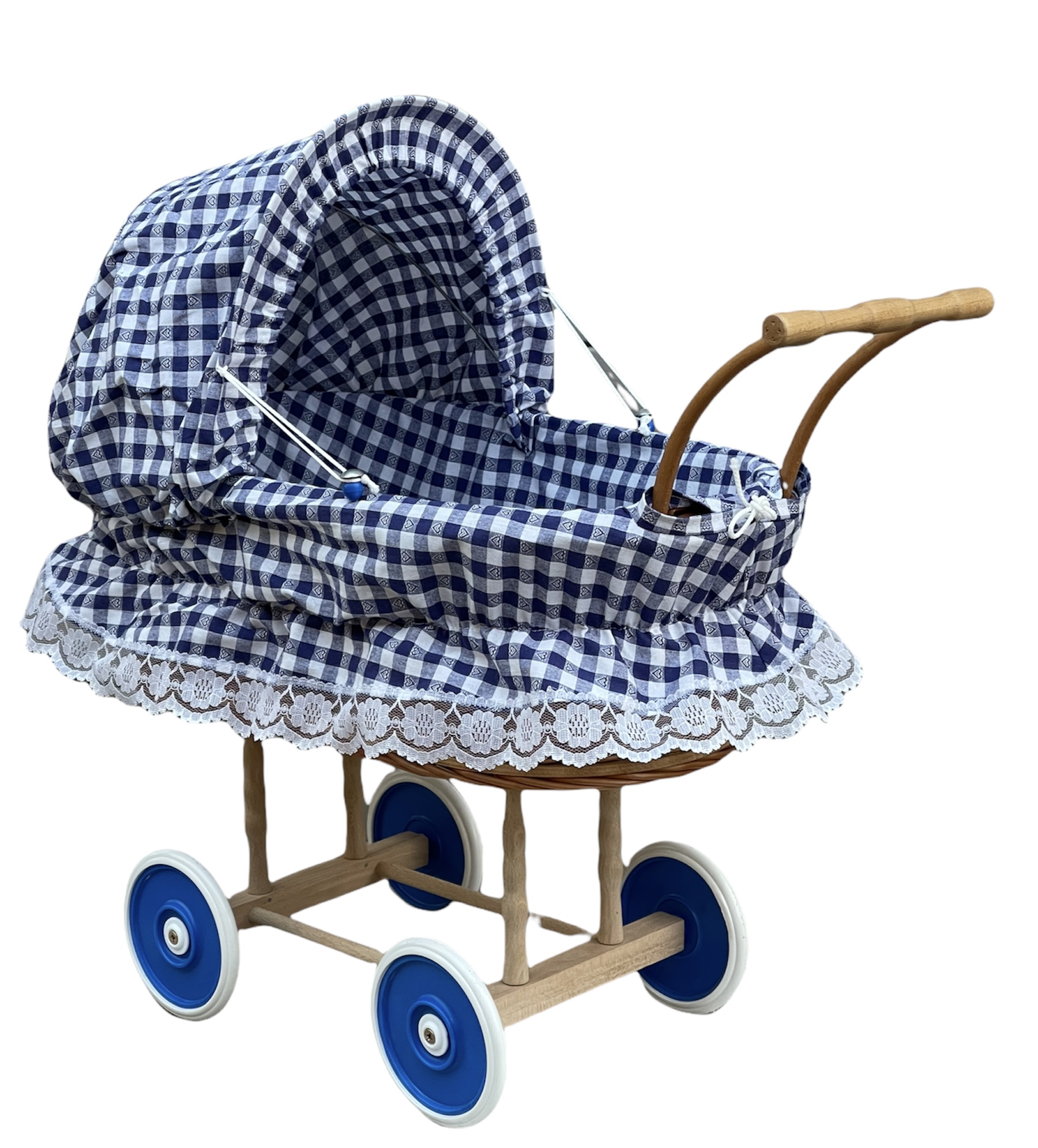 Bukora® Puppenwagen aus Weide geflochten, Stoff Blau kariert mit Herzen...sehr stabil – Bild 7