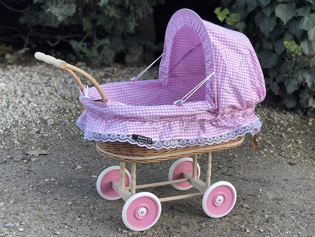 Bukora® Puppenwagen aus Weide fein Rosa kariert und Holzgriff...extra stabil... – Bild 5