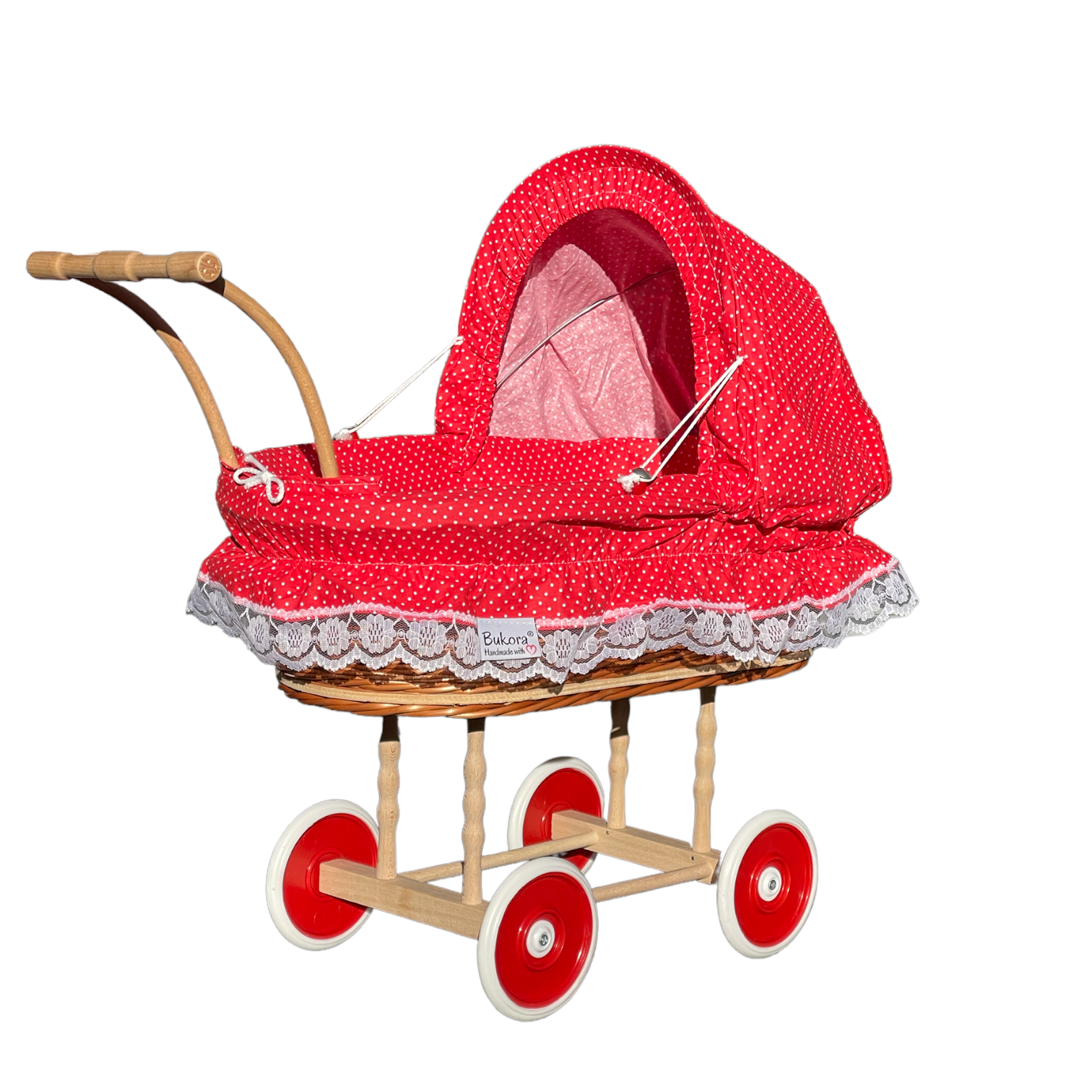 Bukora® Puppenwagen aus Weide mit Rot mit Punkten und Holzgriff...extra stabil... – Bild 7