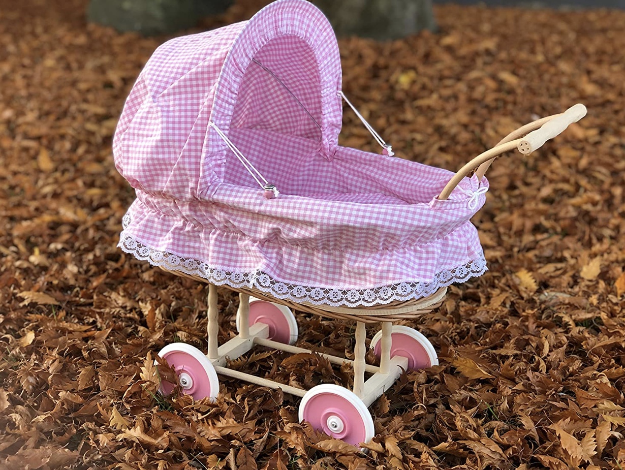 Bukora® Puppenwagen aus Weide fein Rosa kariert und Holzgriff...extra stabil... – Bild 7