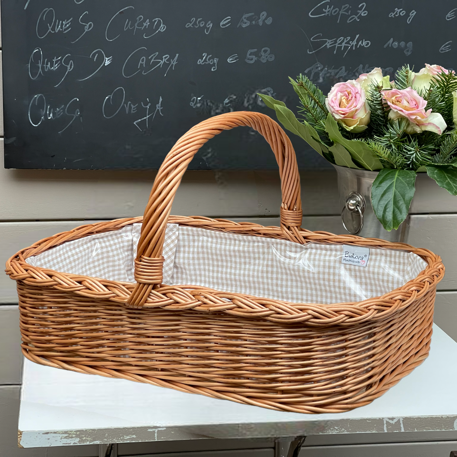 Bukora® Tablett aus Weide mit Futter Olivegrau fein kariert – Bild 5