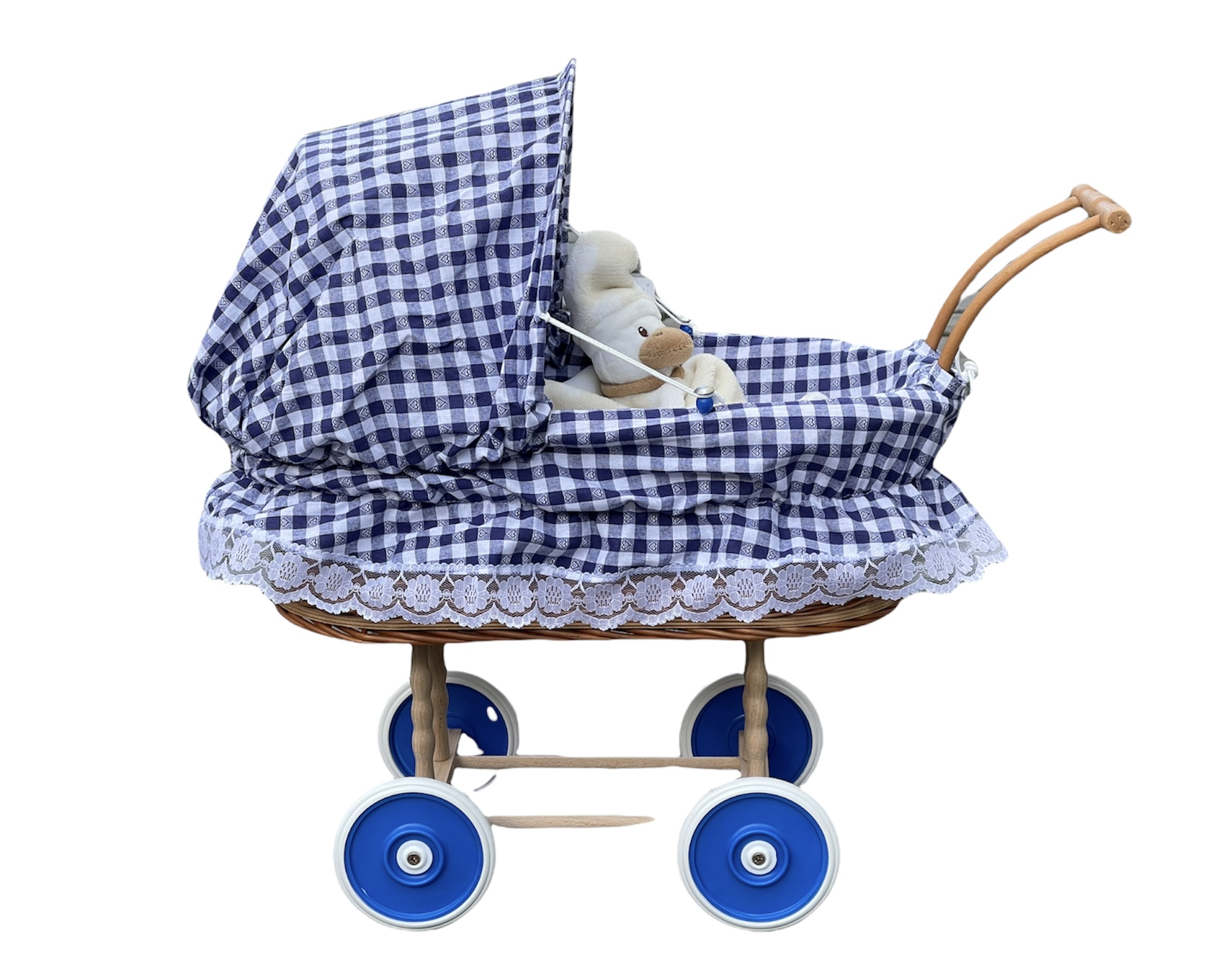 Bukora® Puppenwagen aus Weide geflochten, Stoff Blau kariert mit Herzen...sehr stabil – Bild 9