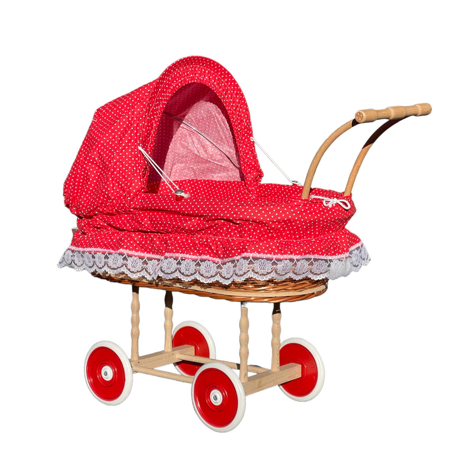Bukora® Puppenwagen aus Weide mit Rot mit Punkten und Holzgriff...extra stabil...