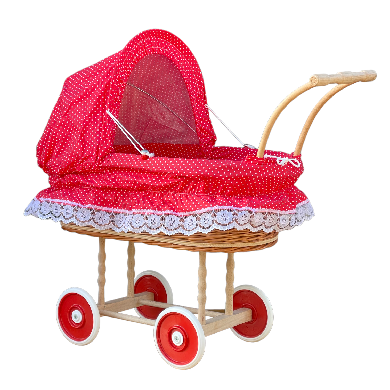 Bukora® Puppenwagen aus Weide mit Rot mit Punkten und Holzgriff...extra stabil... – Bild 8