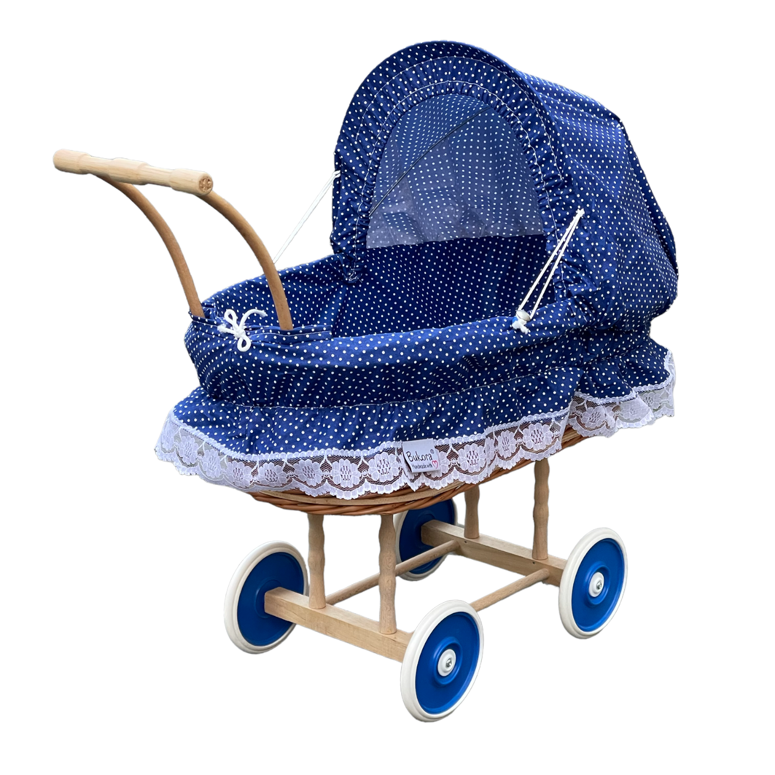 Bukora ® Puppenwagen aus Weide mit Blau mit Punkten und Holzgriff...extra stabil...