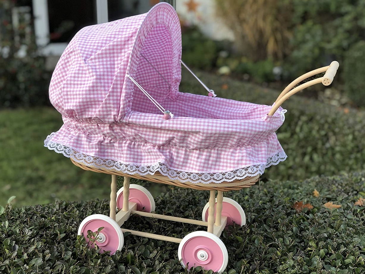 Bukora® Puppenwagen aus Weide fein Rosa kariert und Holzgriff...extra stabil... – Bild 4