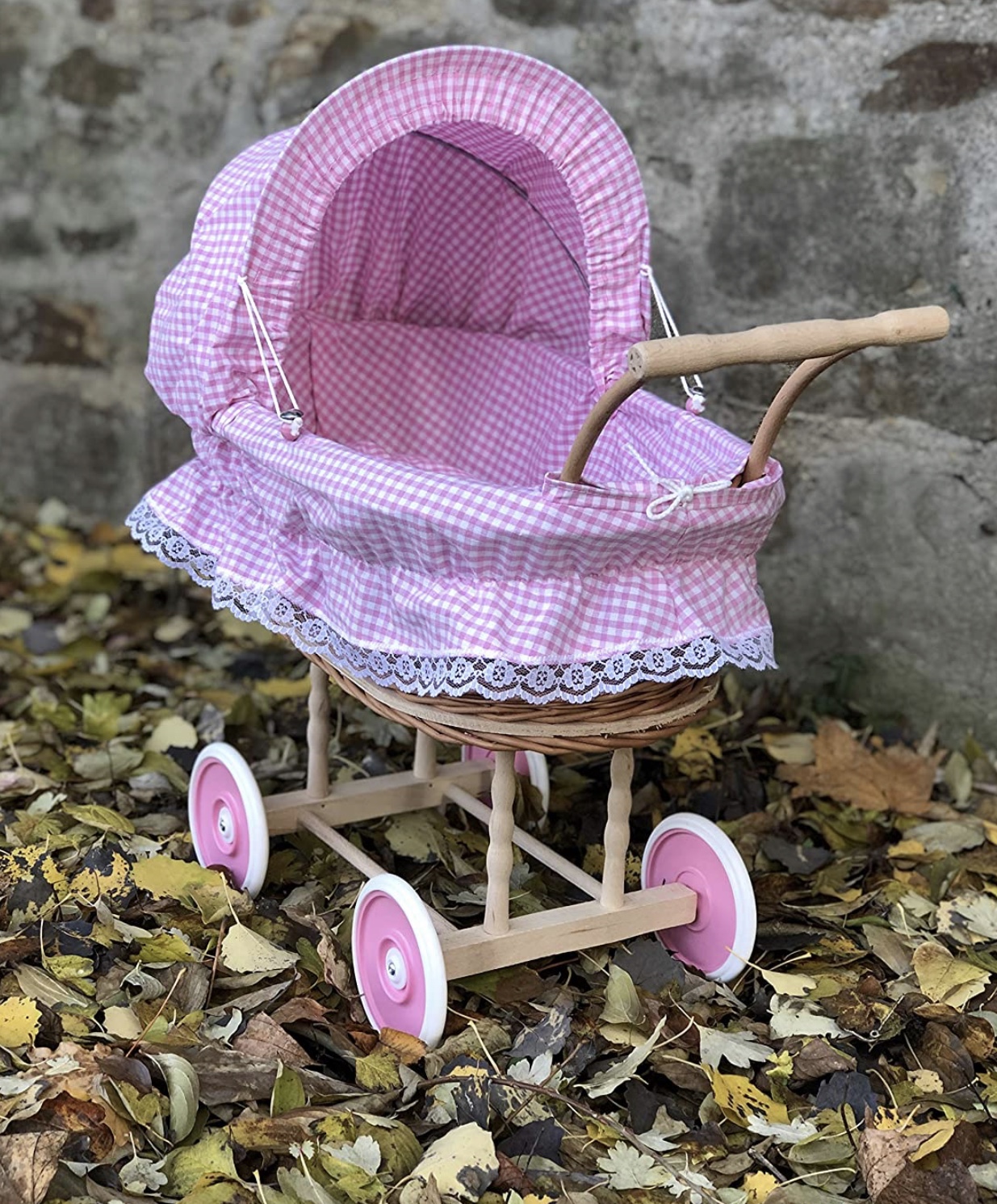 Bukora® Puppenwagen aus Weide fein Rosa kariert und Holzgriff...extra stabil... – Bild 3