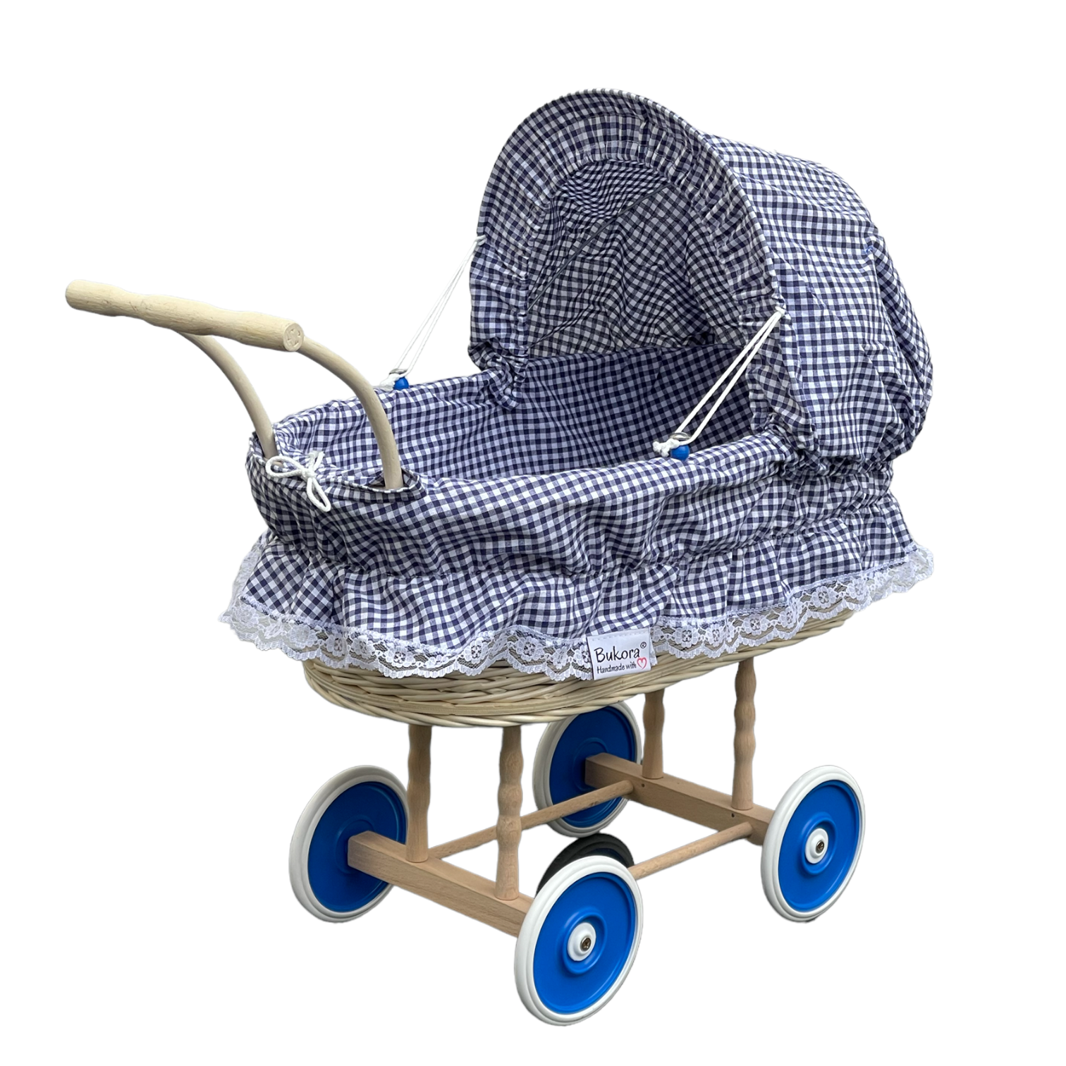 Bukora® Puppenwagen aus heller Weide mit Blau fein kariert mit Holzgriff. – Bild 5