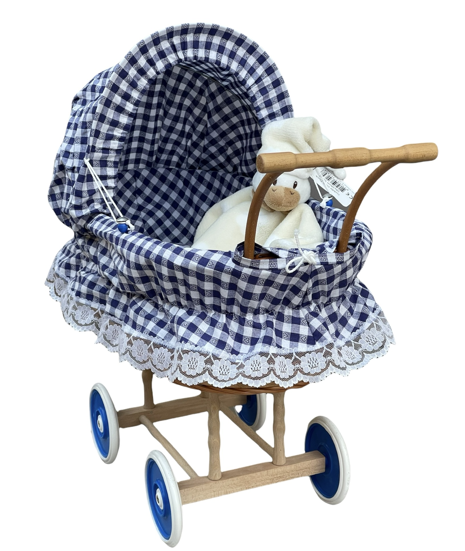 Bukora® Puppenwagen aus Weide geflochten, Stoff Blau kariert mit Herzen...sehr stabil – Bild 8