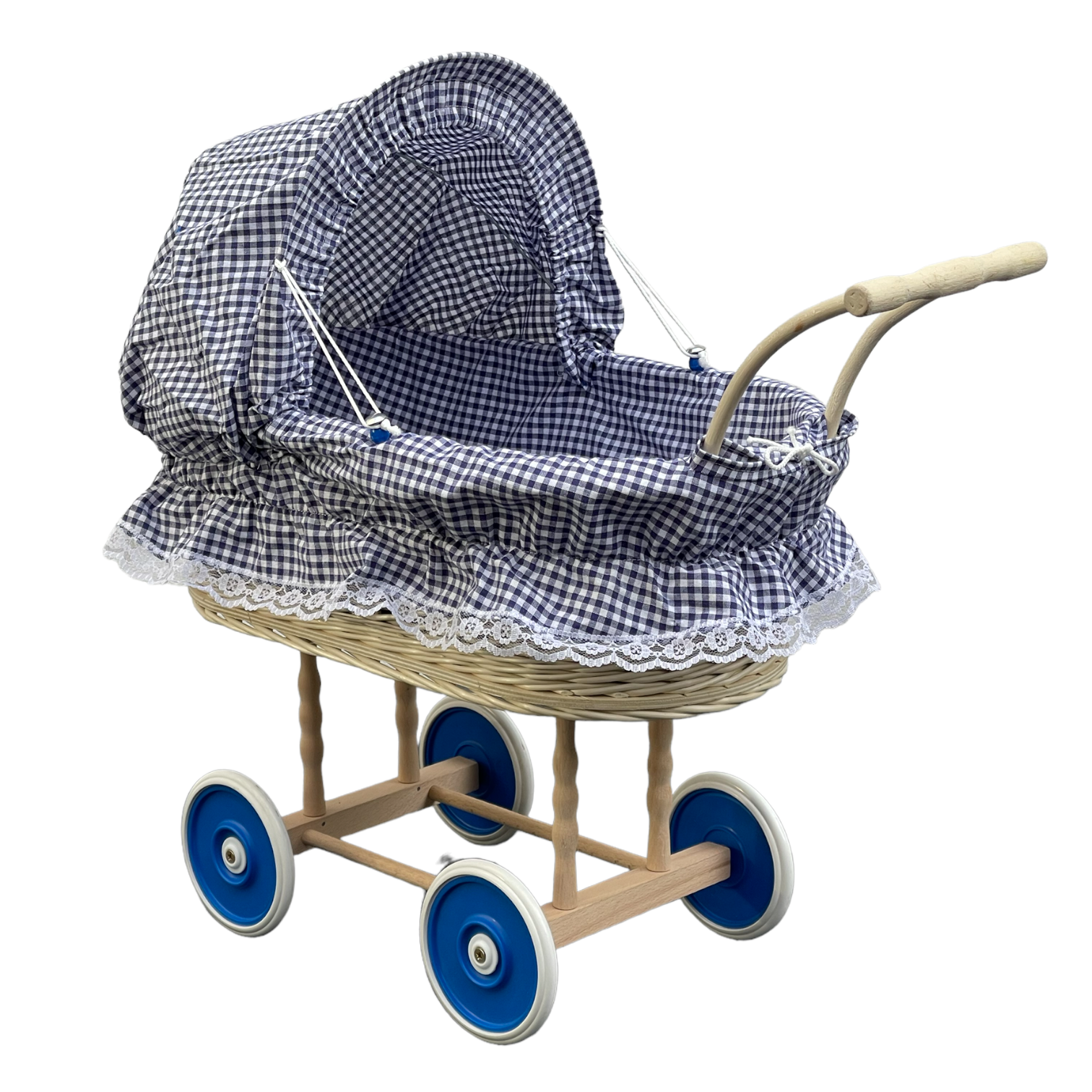 Bukora® Puppenwagen aus heller Weide mit Blau fein kariert mit Holzgriff.