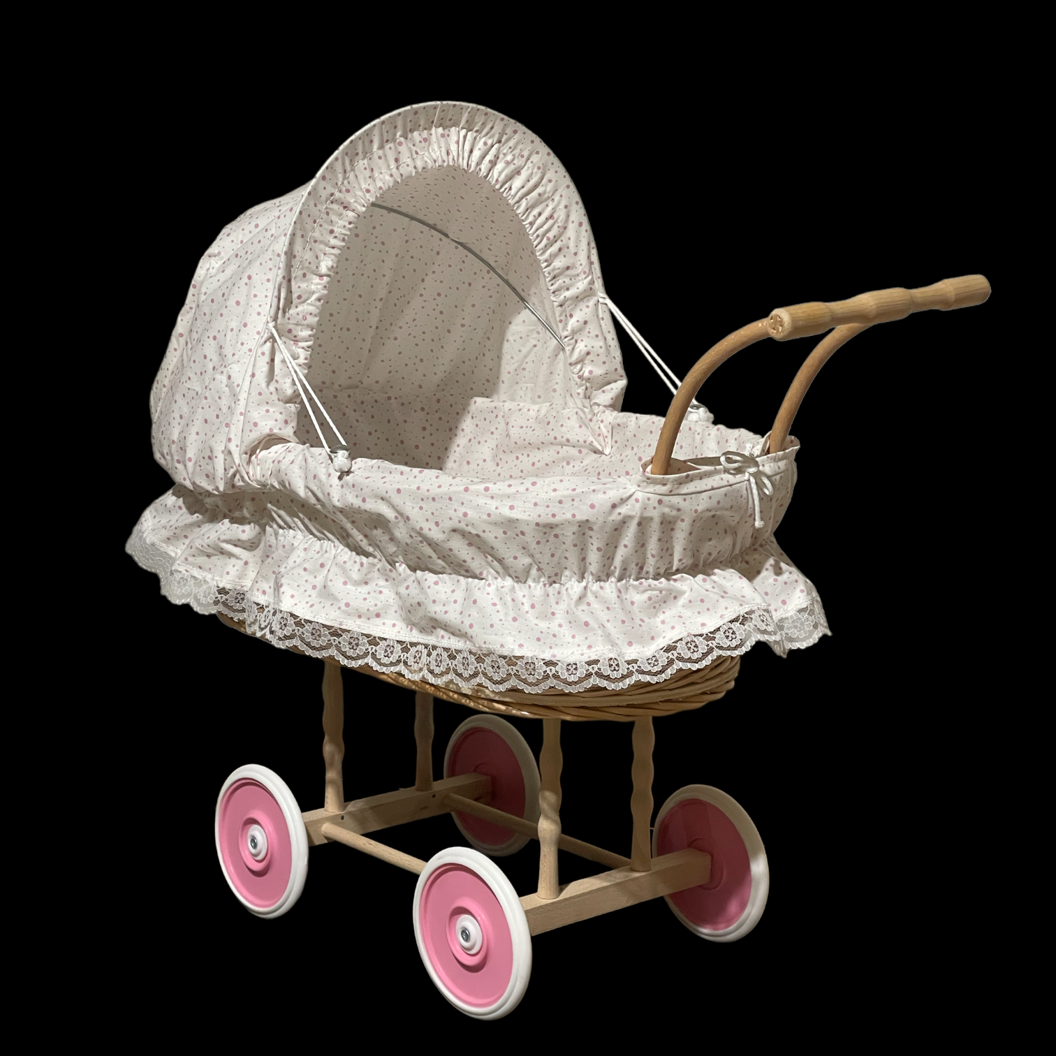 Bukora® Korbpuppenwagen Modell „Hannah“ heller Stoff mit Rosa Punkten – Bild 3