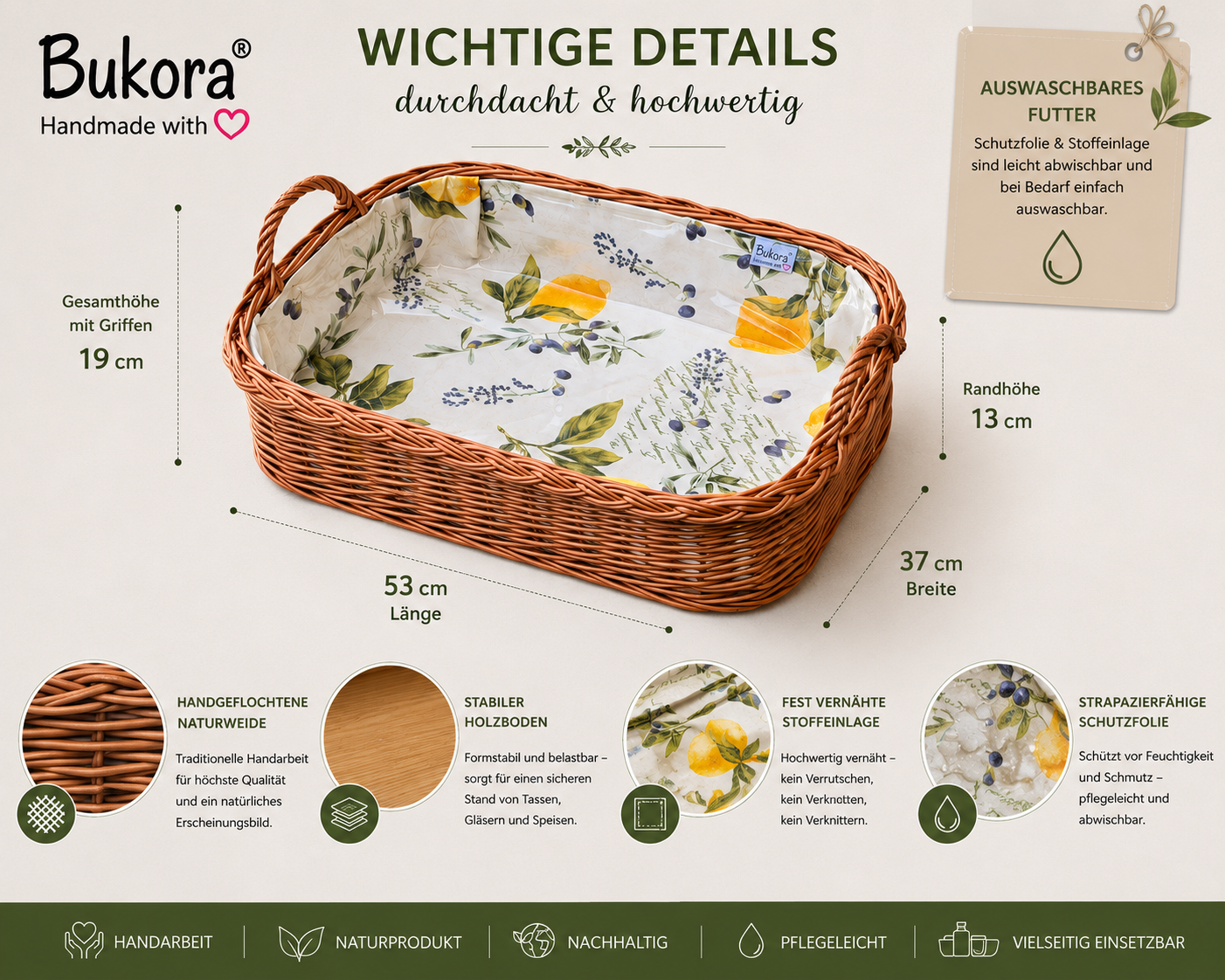 Infografik mit den Maßen und wichtigsten Eigenschaften des Bukora® Serviertabletts.