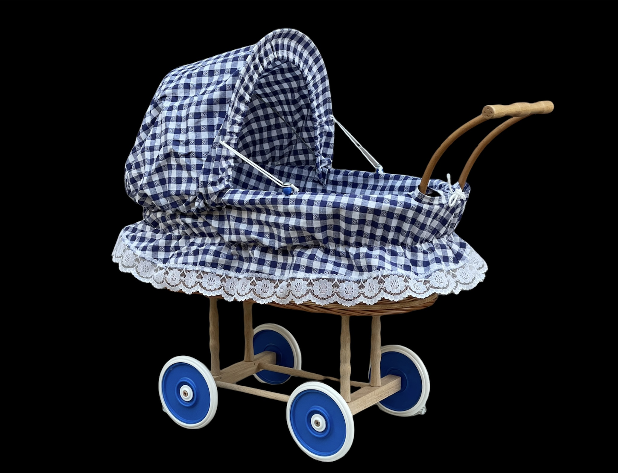 Bukora® Puppenwagen aus Weide geflochten, Stoff Blau kariert mit Herzen...sehr stabil – Bild 6