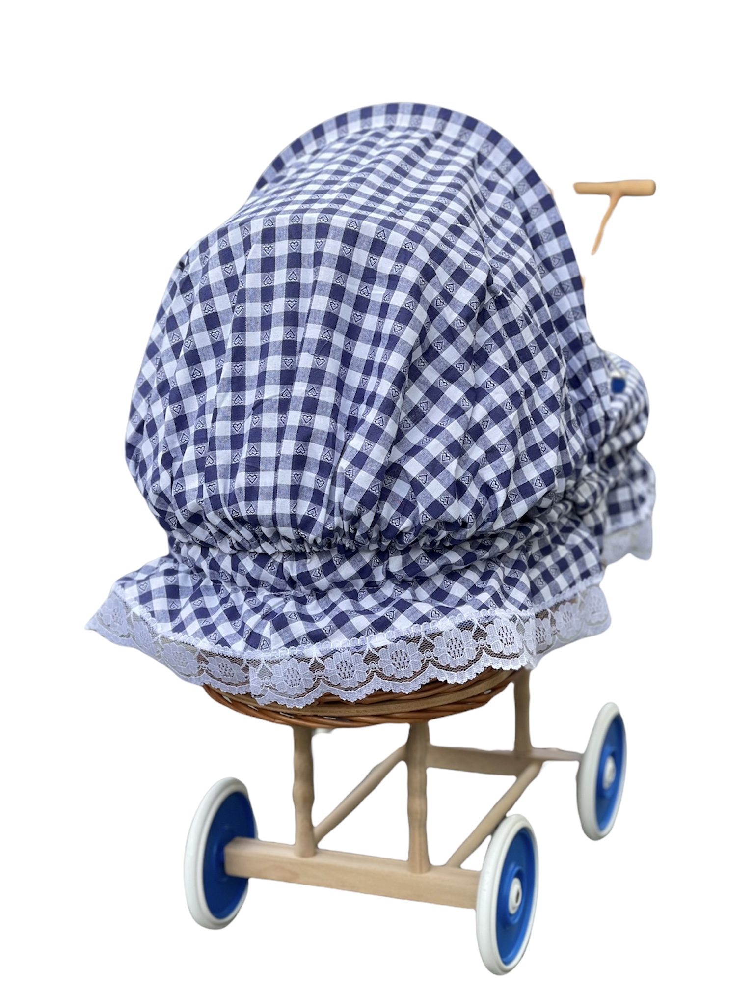 Bukora® Puppenwagen aus Weide geflochten, Stoff Blau kariert mit Herzen...sehr stabil – Bild 4