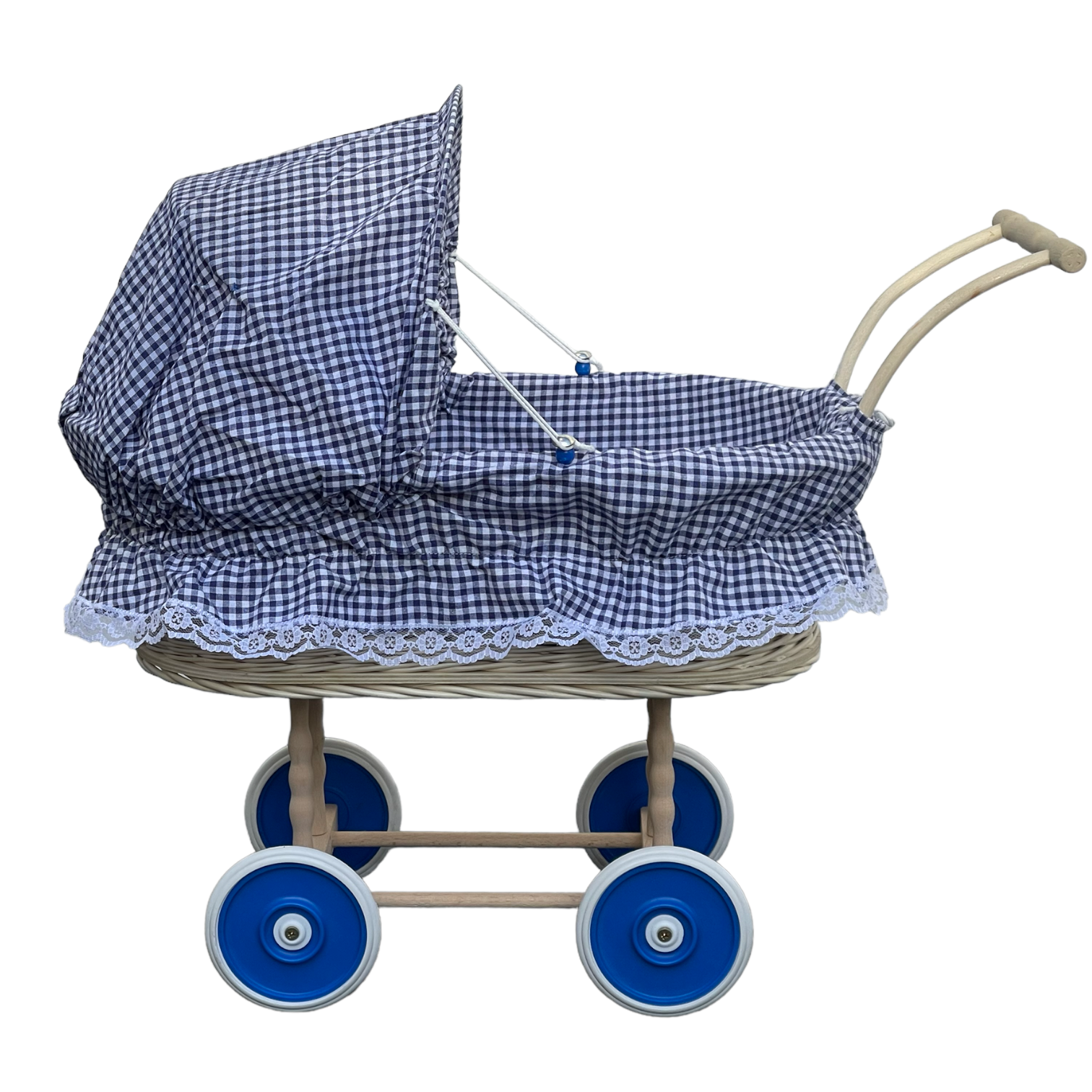 Bukora® Puppenwagen aus heller Weide mit Blau fein kariert mit Holzgriff. – Bild 6