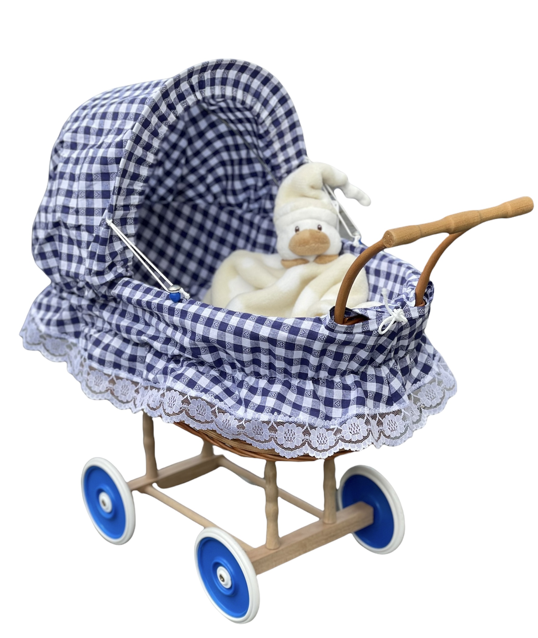 Bukora® Puppenwagen aus Weide geflochten, Stoff Blau kariert mit Herzen...sehr stabil