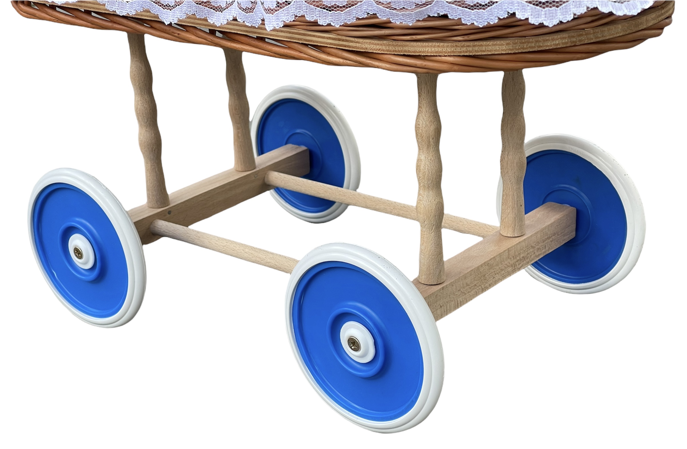 Bukora® Puppenwagen aus Weide geflochten, Stoff Blau kariert mit Herzen...sehr stabil – Bild 5
