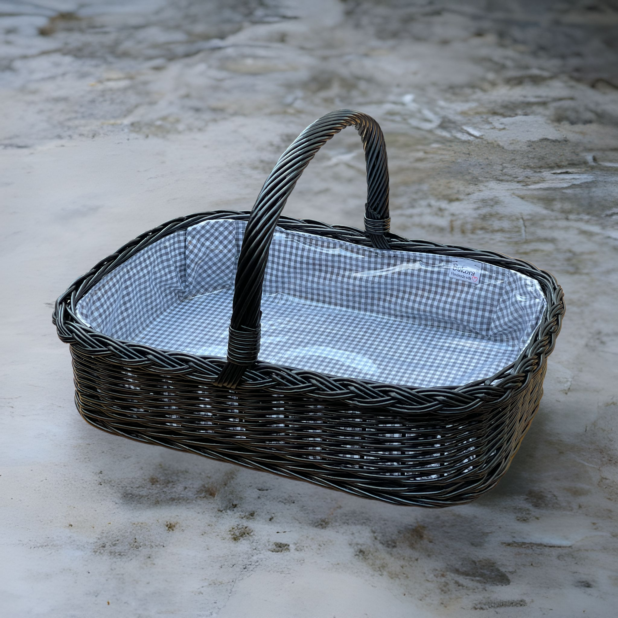 Bukora® Korbtablett aus Weide Anthrazitbraun gebeizt mit Futter Anthrazit fein kariert – Bild 5
