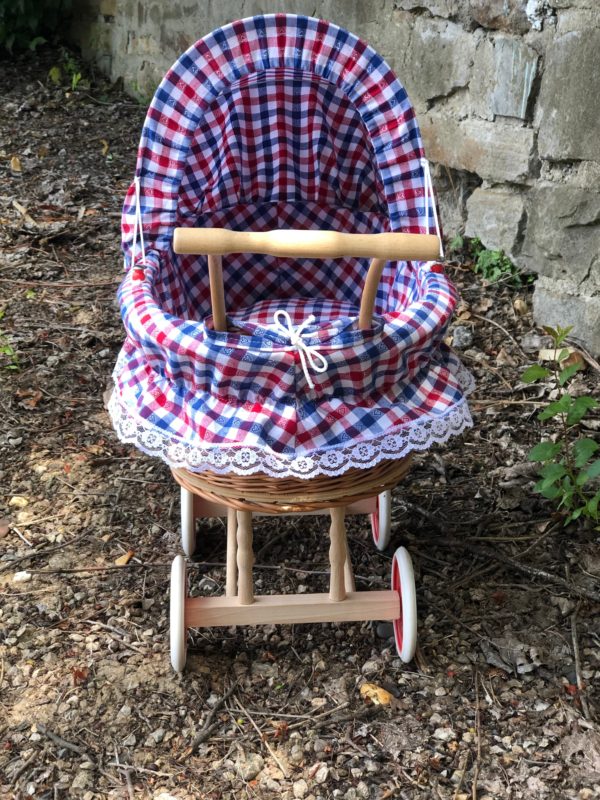 Bukora® Korbpuppenwagen Blau Rot Weiß mit Herzen und Holzgriff...extra stabil... – Bild 5