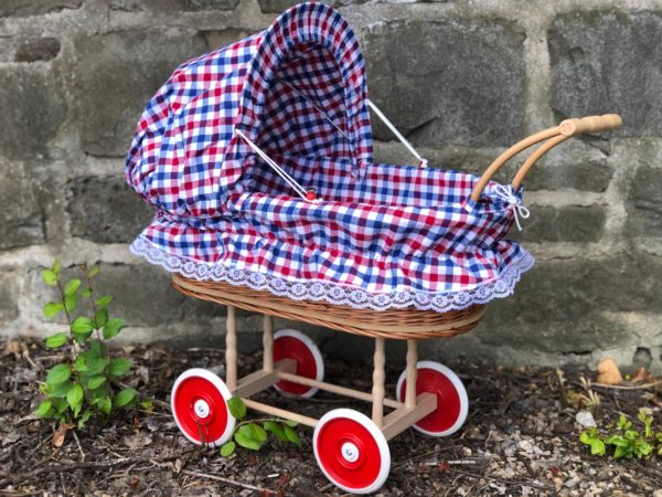 Bukora® Korbpuppenwagen Blau Rot Weiß mit Herzen und Holzgriff...extra stabil...