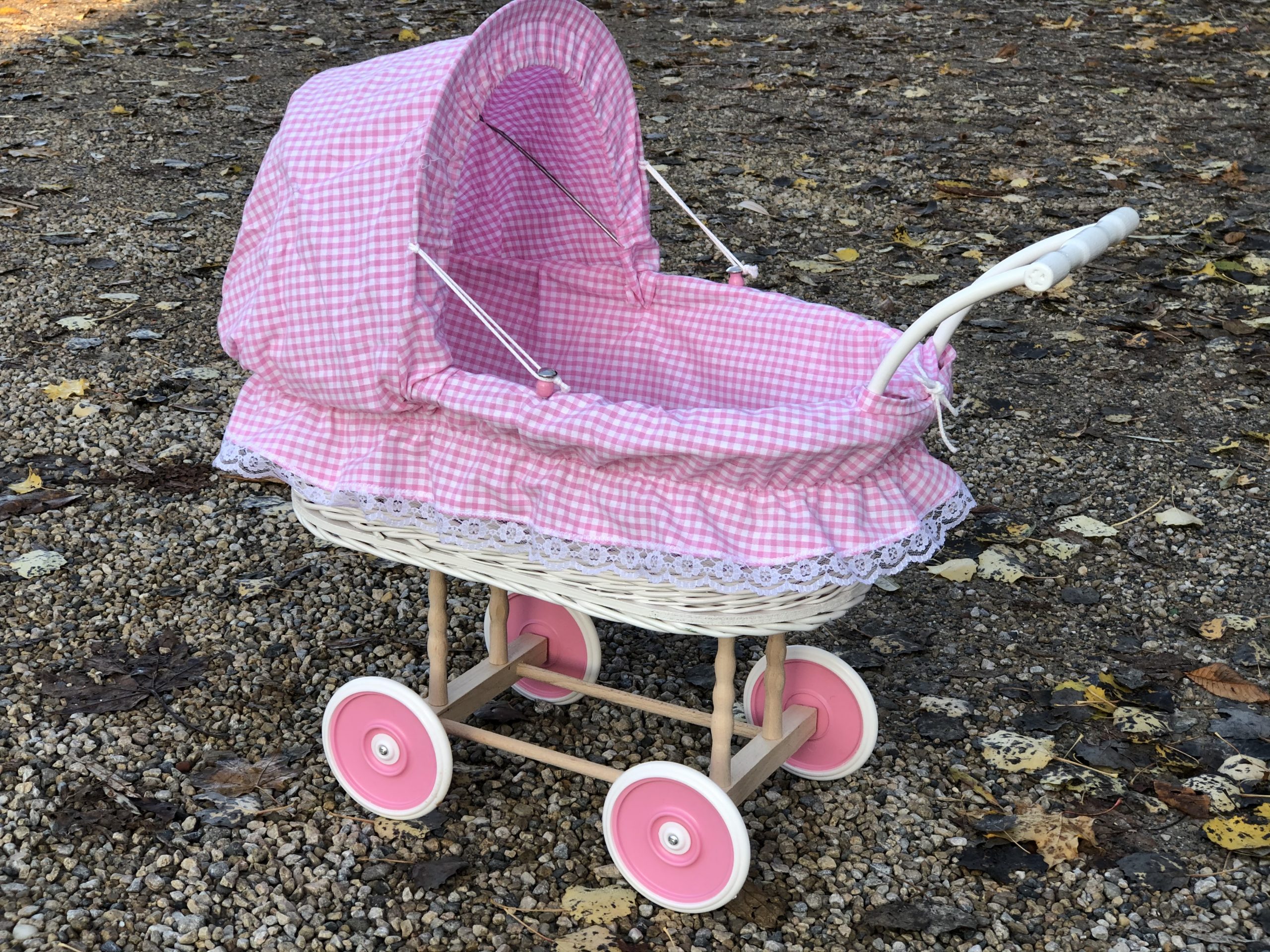 Bukora® Puppenwagen Weiß lackiert aus Weide fein Rosa kariert und Holzgriff...extra stabil... – Bild 2