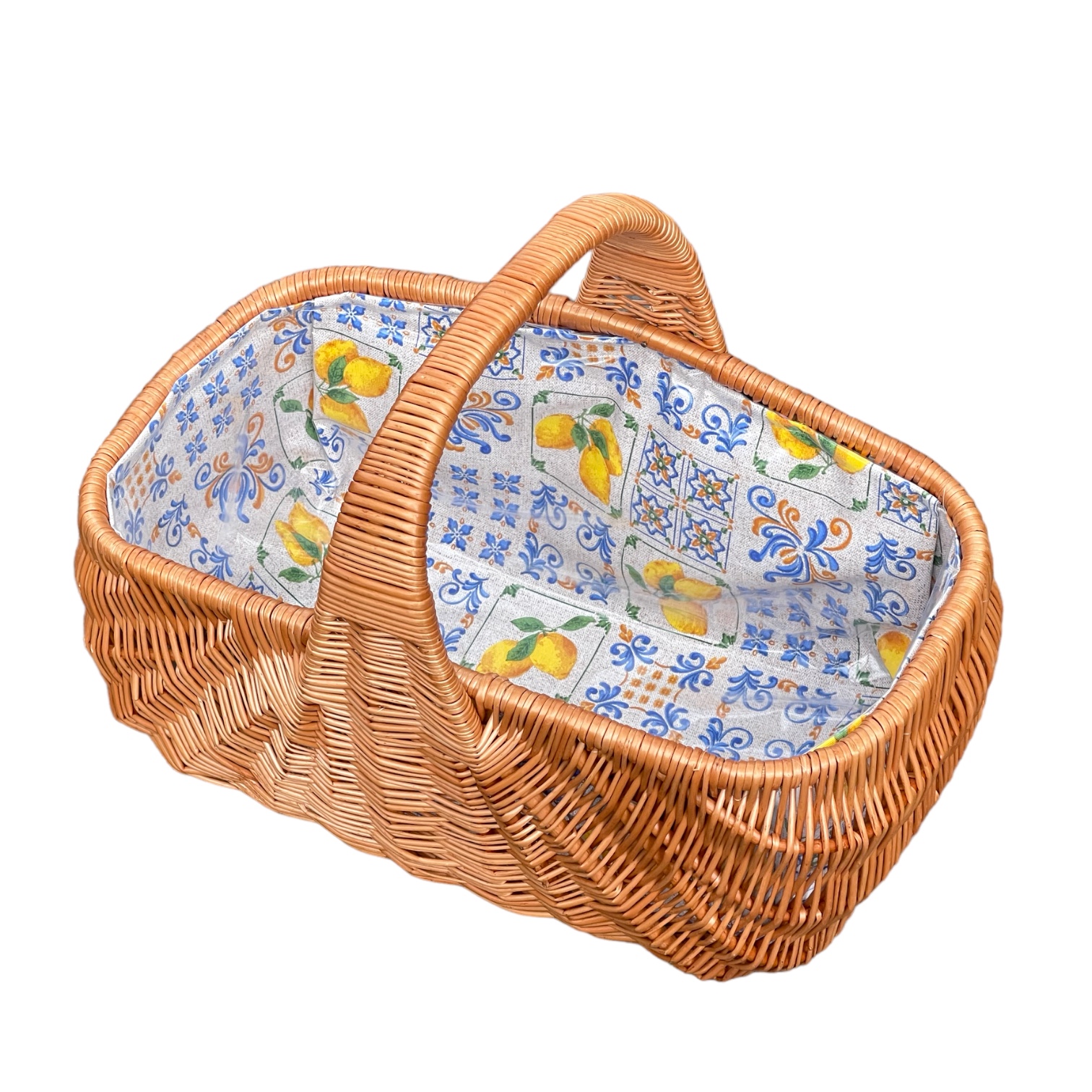 Bukora® Einkaufskorb aus Weide mit Zitronen und Blau gemustertem Stoff