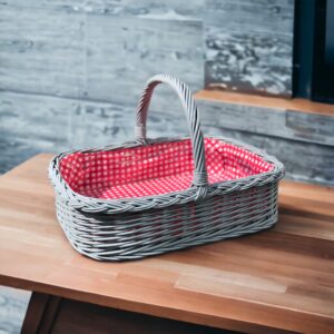 Bukora® Tablett aus Weide Grau lackiert mit Futter Rot Weiß kariert