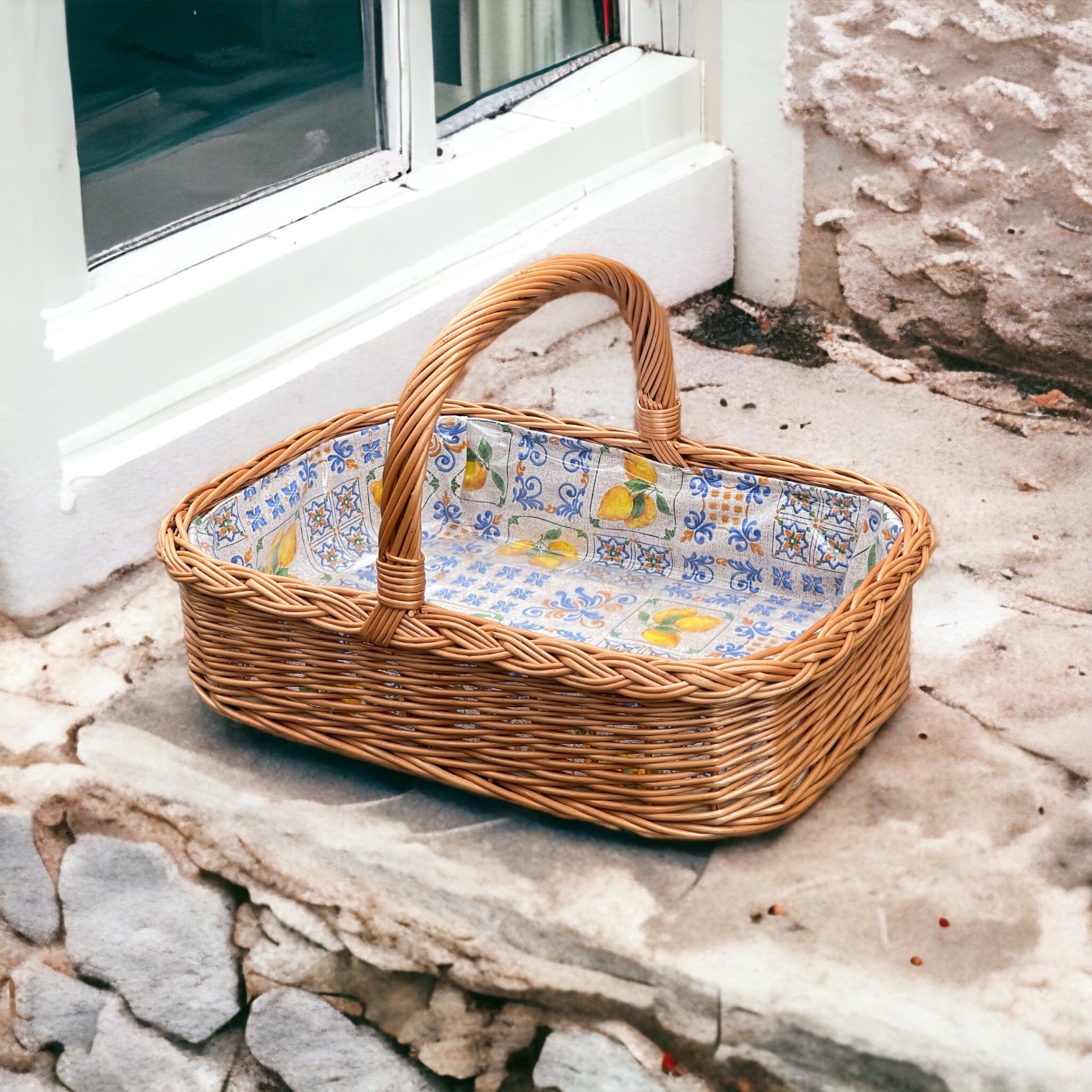 Bukora® Korbtablett aus Weide mit Futter Zitronen und blauen Muster – Bild 4