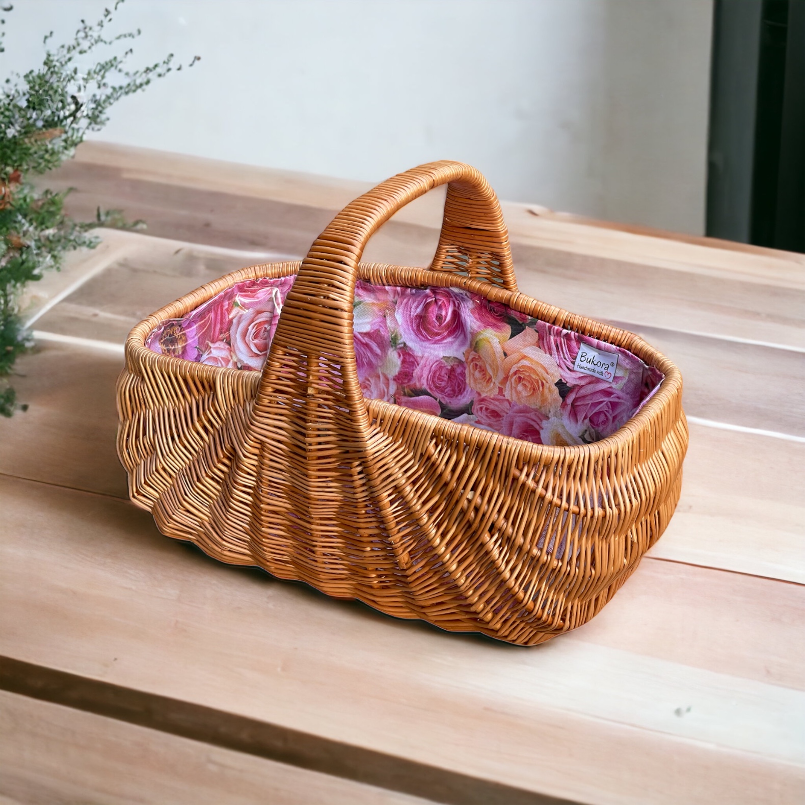Bukora® Einkaufskorb aus Weide extra stabil mit Futter Rosenmuster – Bild 2