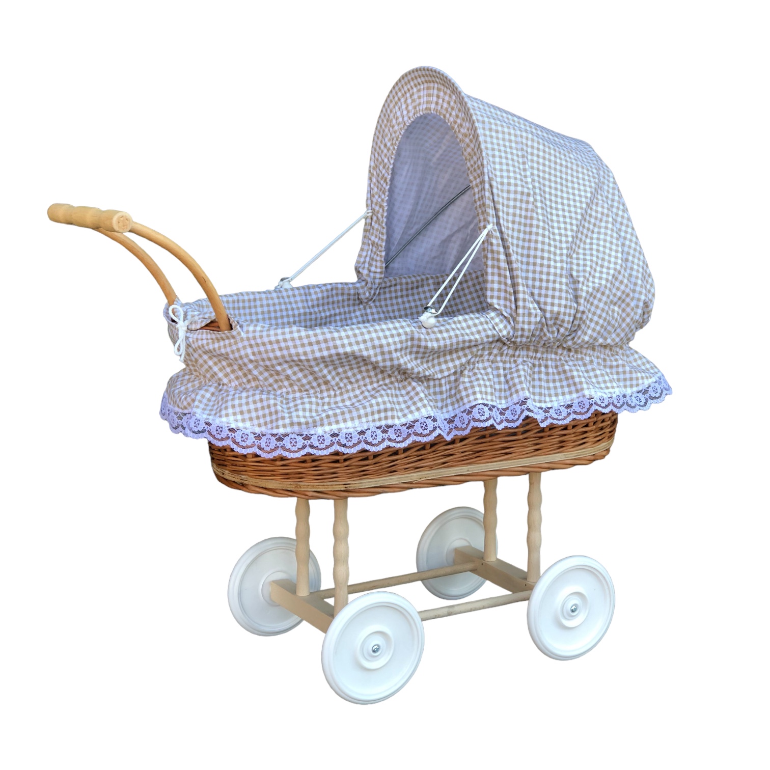 Bukora® Puppenwagen aus Weide Olivegrau fein kariert und Holzgriff...extra stabil... – Bild 7