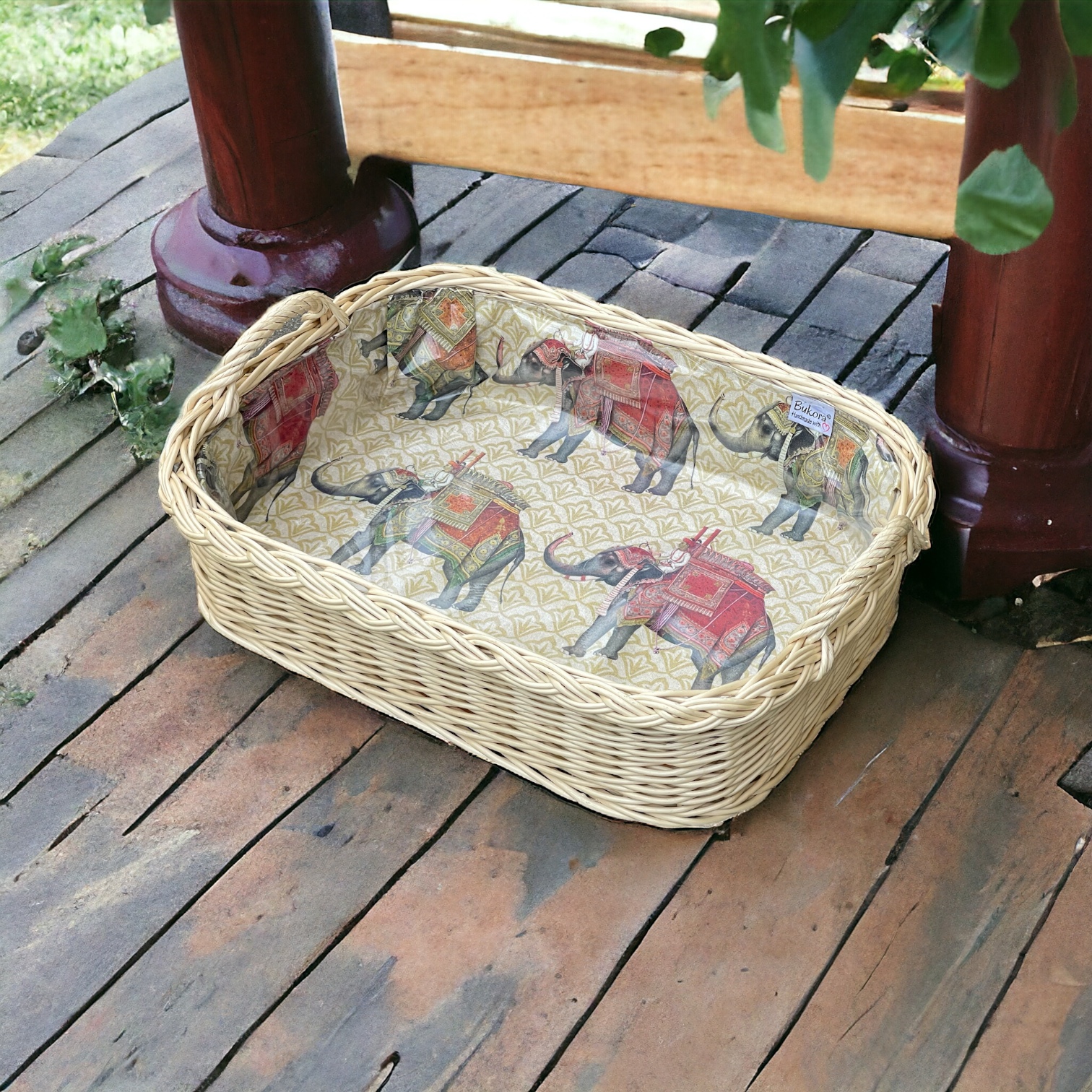 Bukora® Korbtablett mit Stoff indische Elefanten …helle Weide mit 2 Griffen – Bild 6