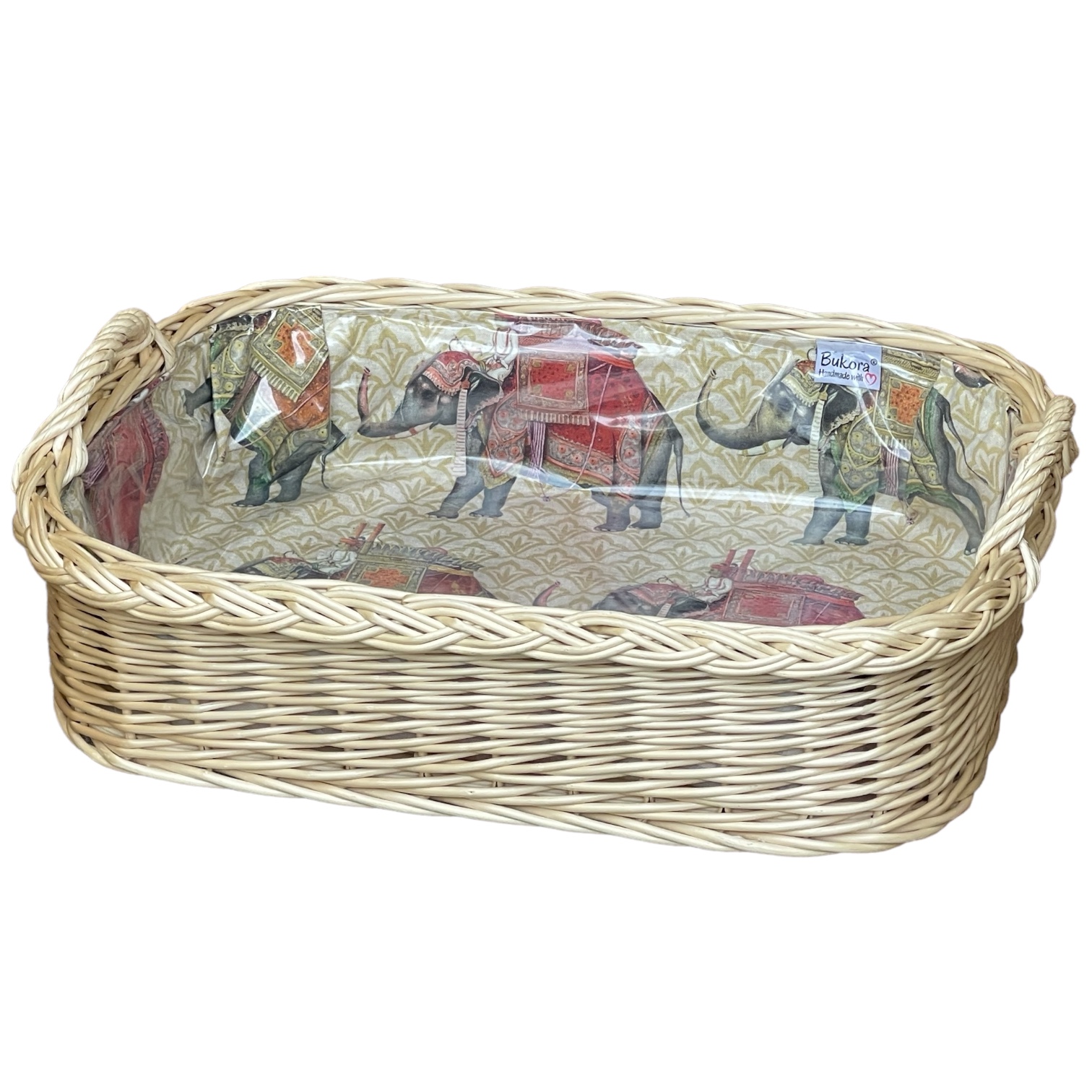 Bukora® Korbtablett mit Stoff indische Elefanten …helle Weide mit 2 Griffen – Bild 7