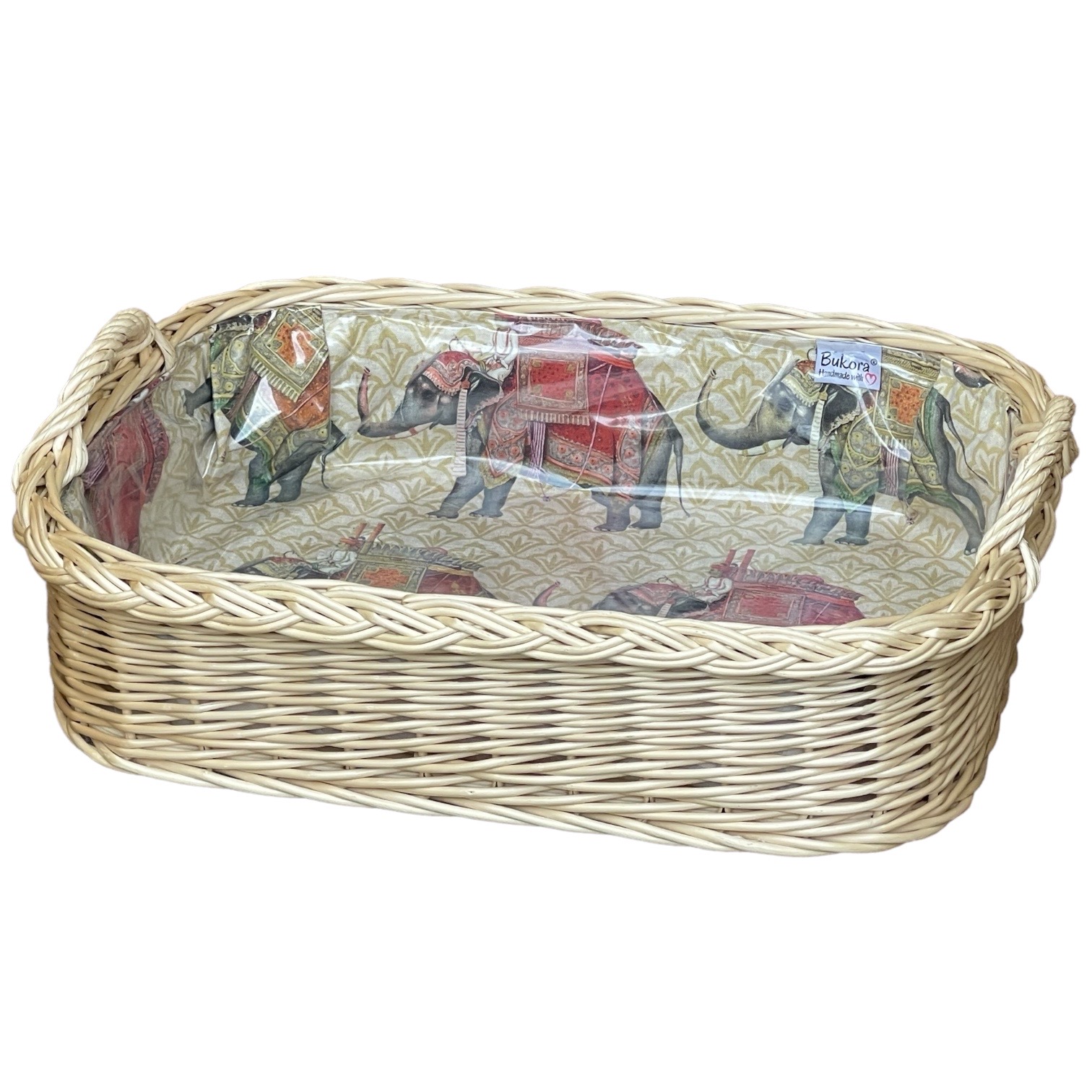 Bukora® Korbtablett mit Stoff indische Elefanten …helle Weide mit 2 Griffen – Bild 3