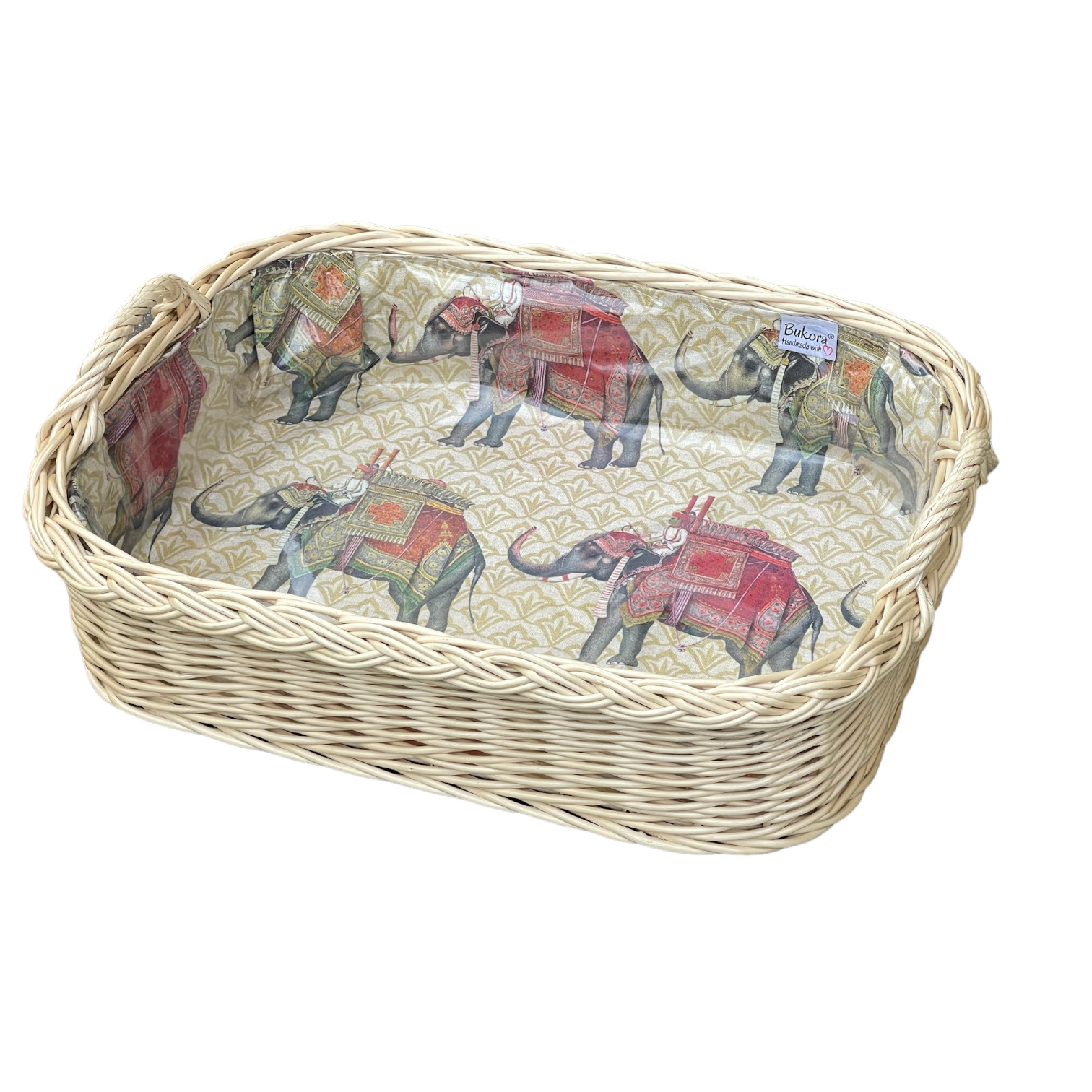 Bukora® Korbtablett mit Stoff indische Elefanten …helle Weide mit 2 Griffen