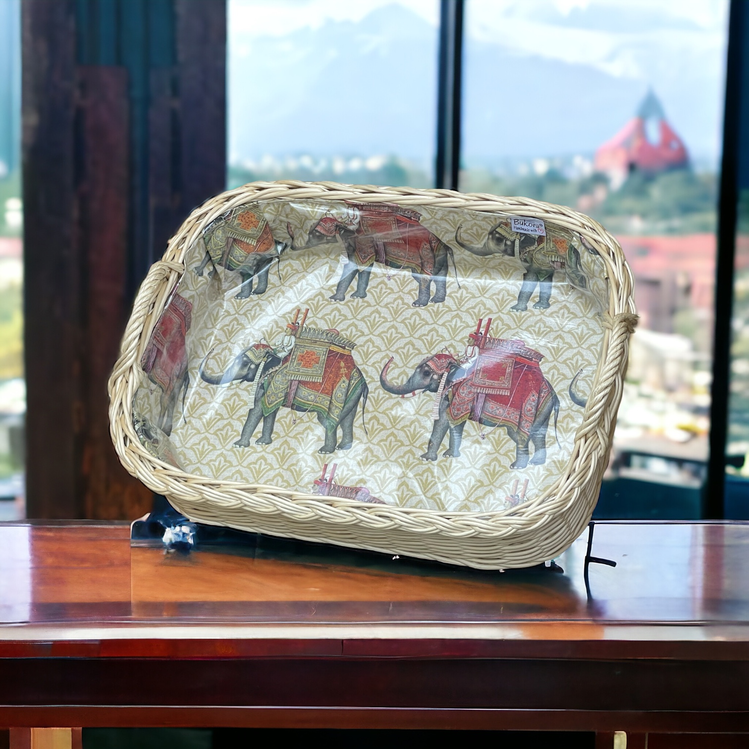 Bukora® Korbtablett mit Stoff indische Elefanten …helle Weide mit 2 Griffen – Bild 2